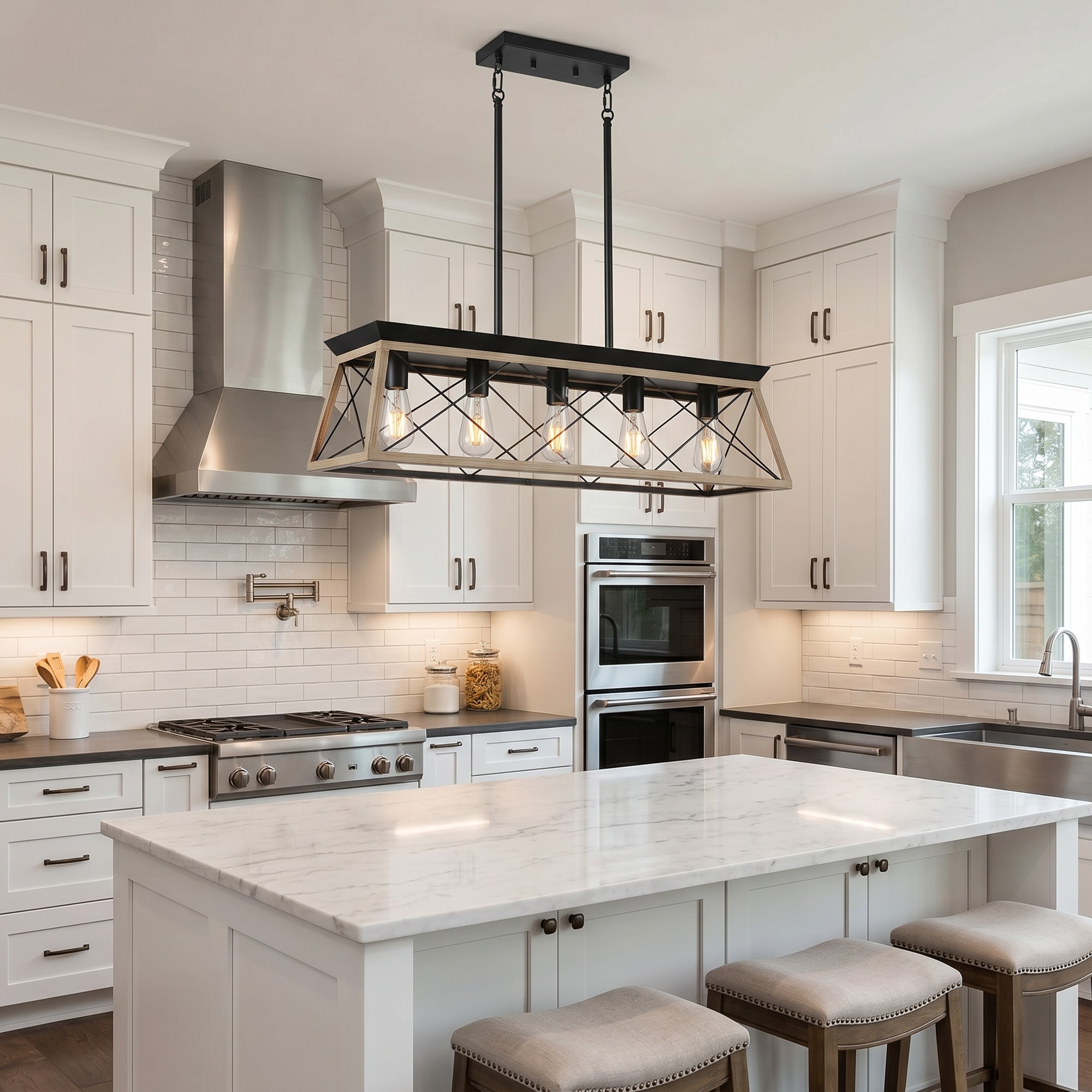 RCCFBHM 32-in Industrial Black And Oak Chandelier 5 Light Modern Metal Mesh Pendant Lamp For Dining Room Kitchen Island