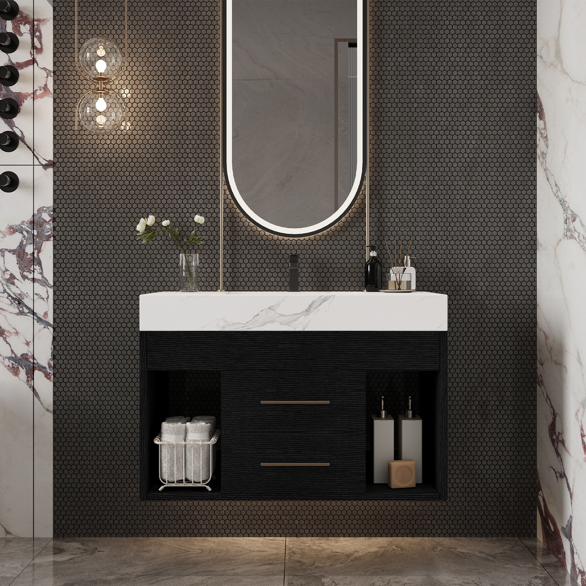 Afhocomp 30 in. Single Sink Wall-mount Black Bath Vanity with White Cultured Marble Top White Ceramic Sink