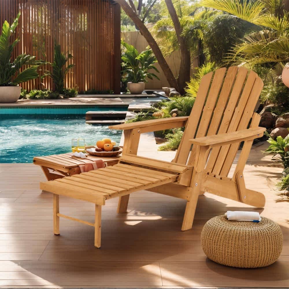 JUJABU ZJOUTCHAIR-1 Light Brown Outdoor Wooden Folding Adirondack Chair with Retractable Ottoman Wood Patio Chair for Garden Backyard