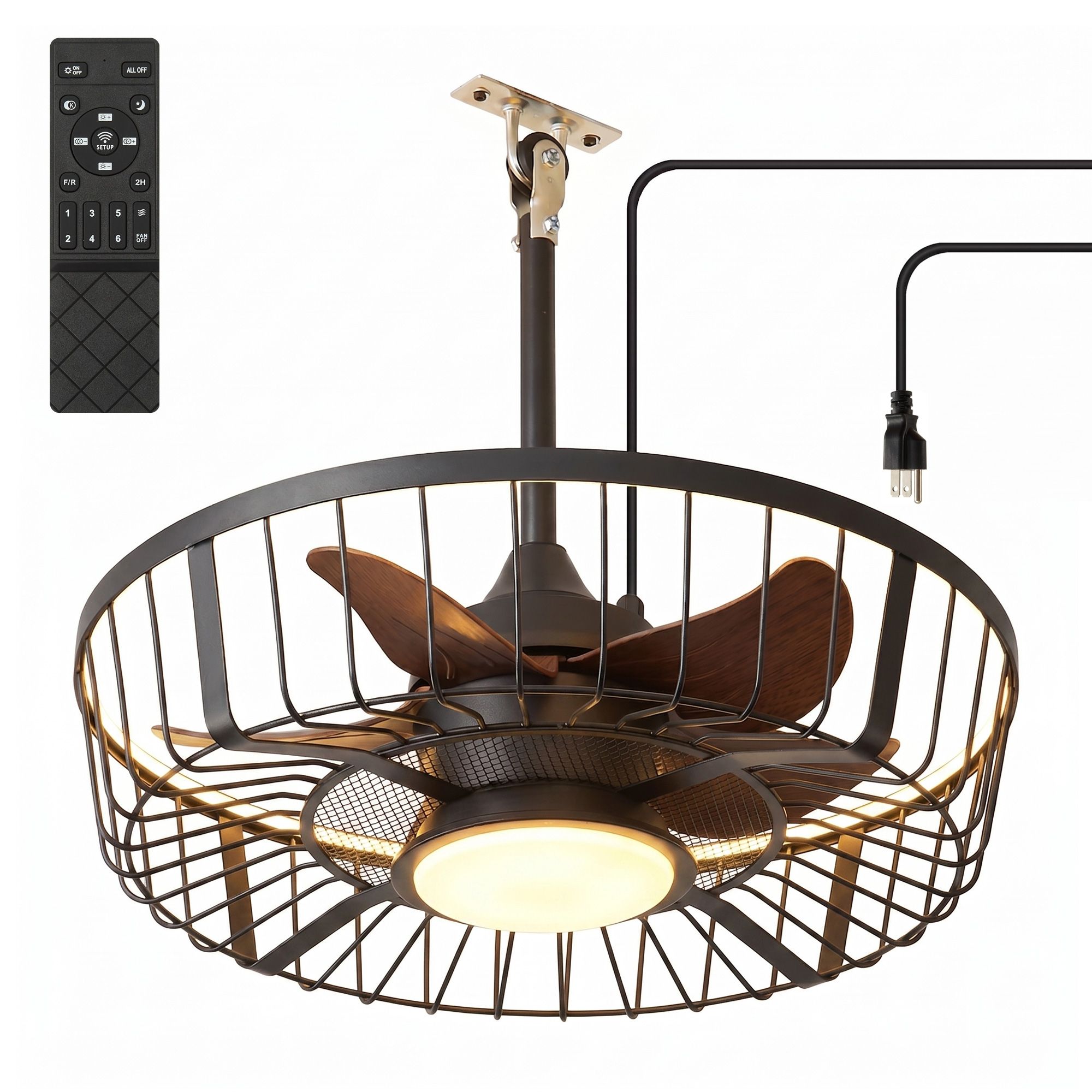 Lanmate  Caged Enclosed Ceiling Fan with Lights and Remote Control Dimmable Industrial Fan Light 21.65-in