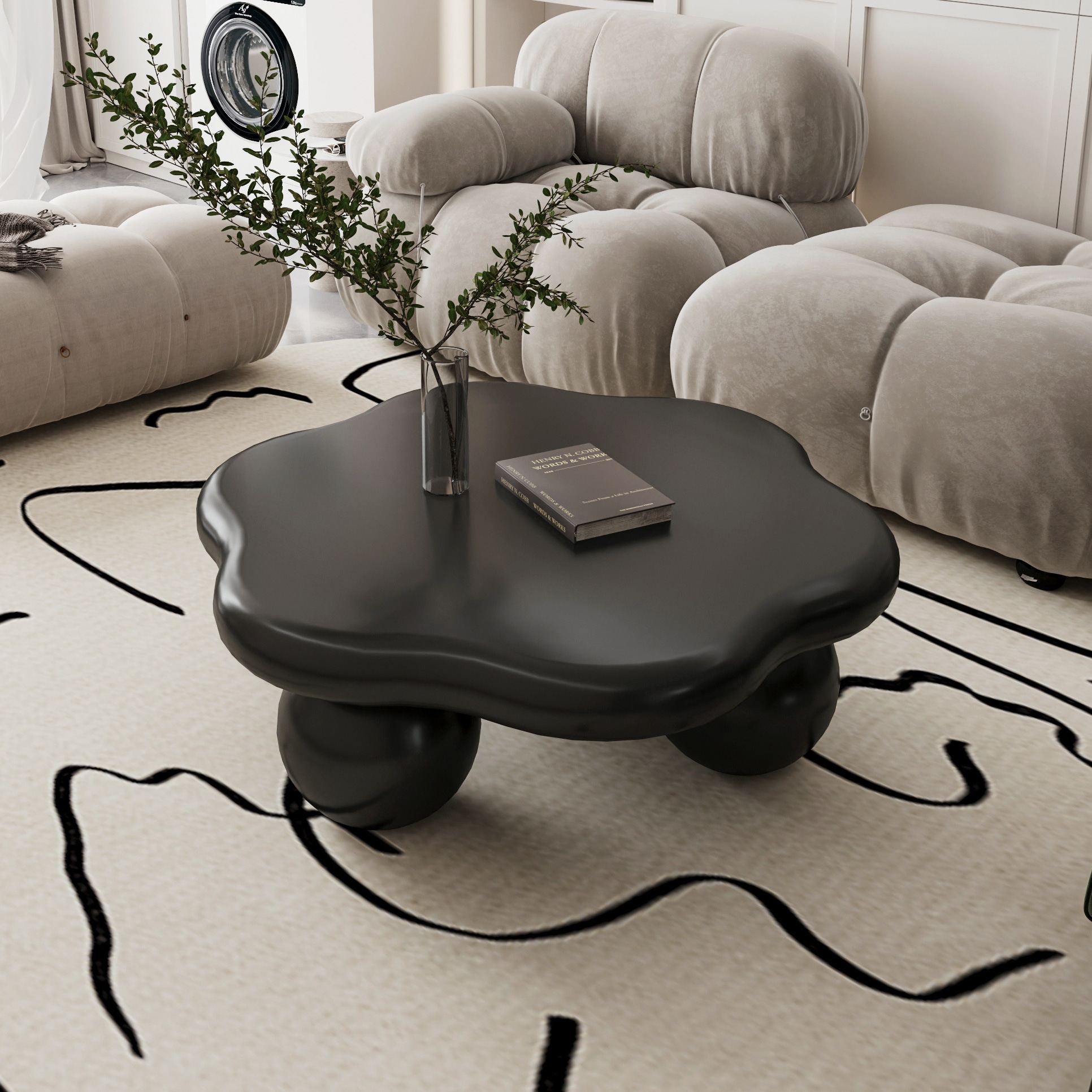 LUXEYARD 35 in Black Cloud Shaped Coffee Table Petal-Shaped Modern Minimalist Coffee Table with Spherical Legs Matte Black Kid   Pet Friendly Space Saving Living Room Table for Small Apartment Matte Black