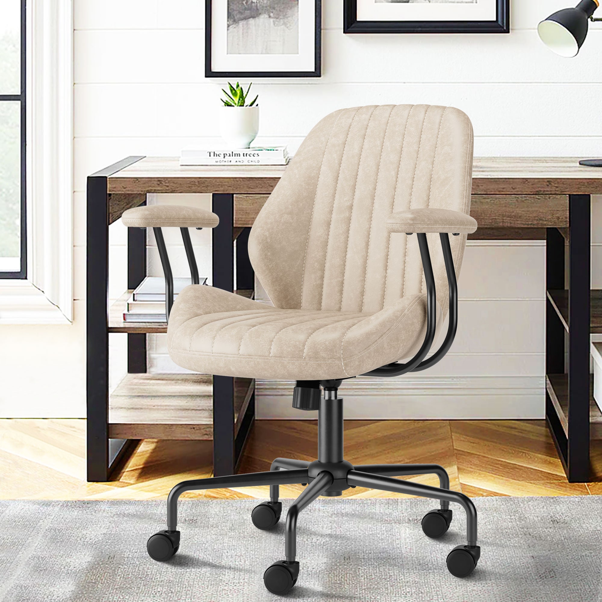 weaxty HMBLEASKL400 Beige Contemporary Ergonomic Adjustable Height Swivel Fabric Desk Chair