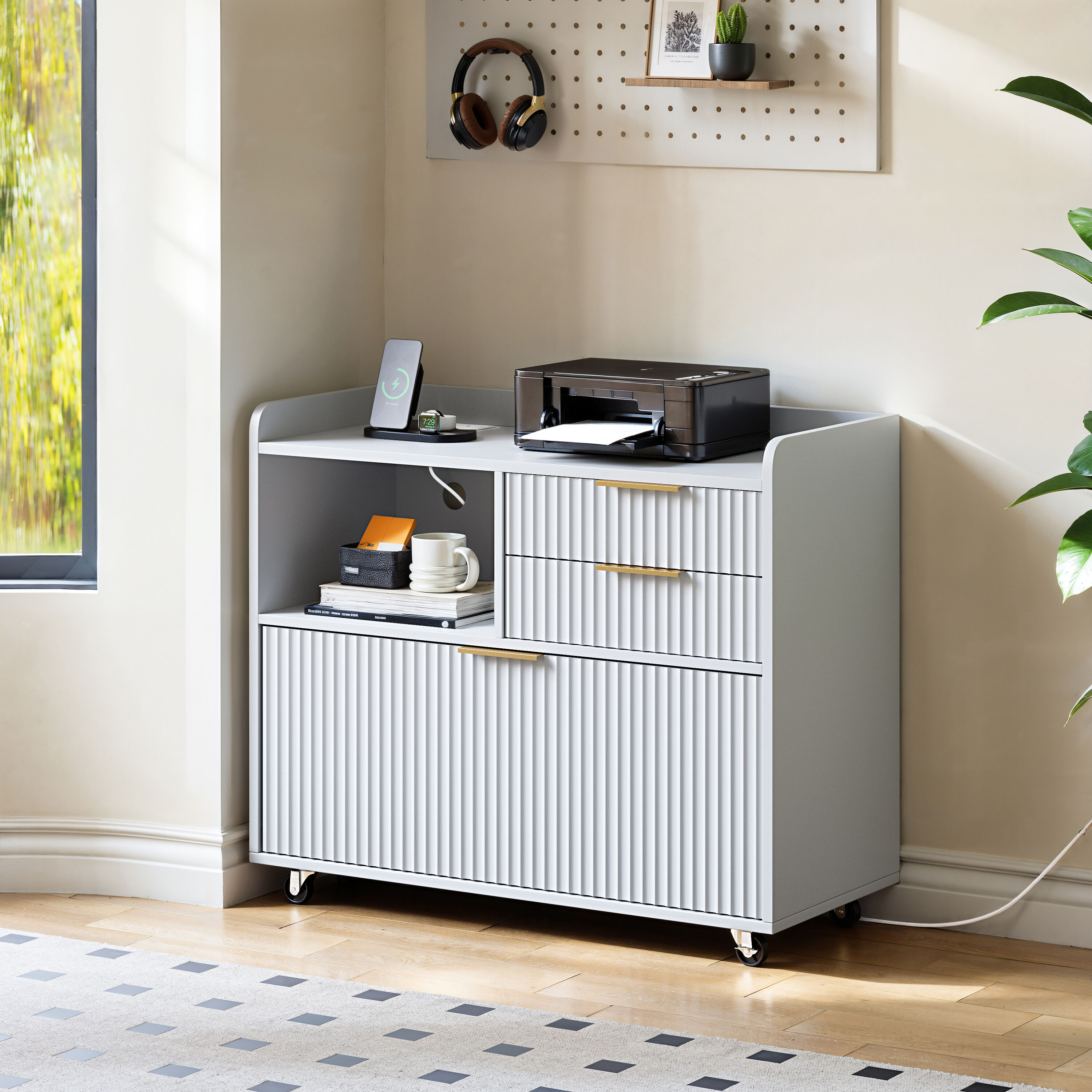 JUSHUA White Mobile Office File Cabinet with Charging Station Three ...
