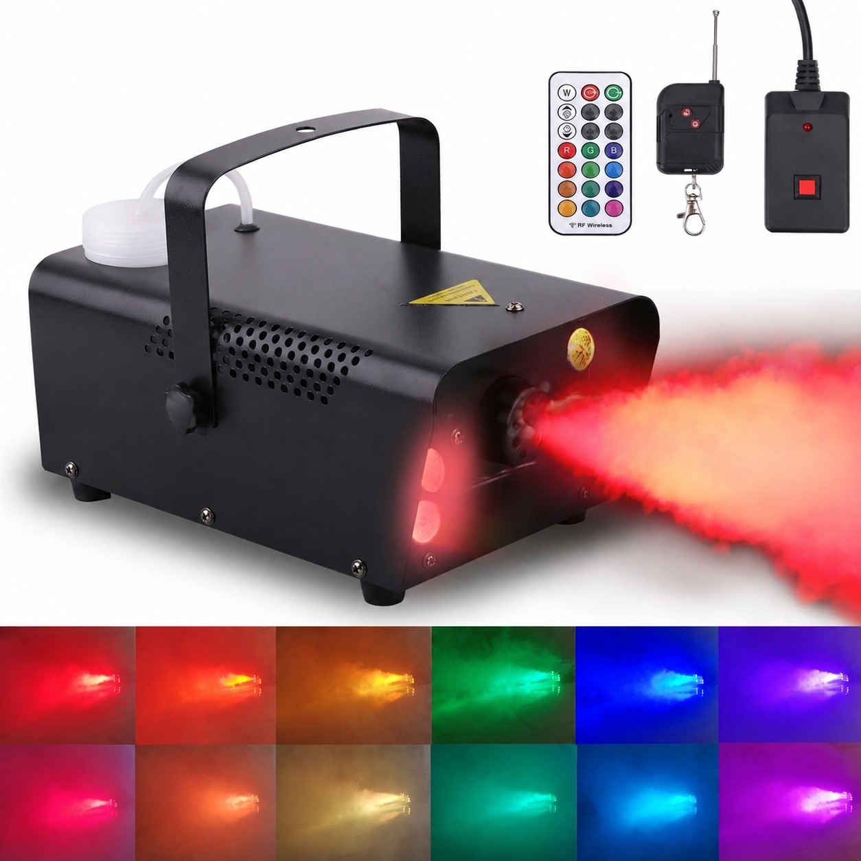 Linder Group Inc Fog Machine 6 LED Lights 12 Color Effects 500ml Tank Wireless and Wired Remote Control for Party Halloween Wedding Indoor Outdoor Stage Use