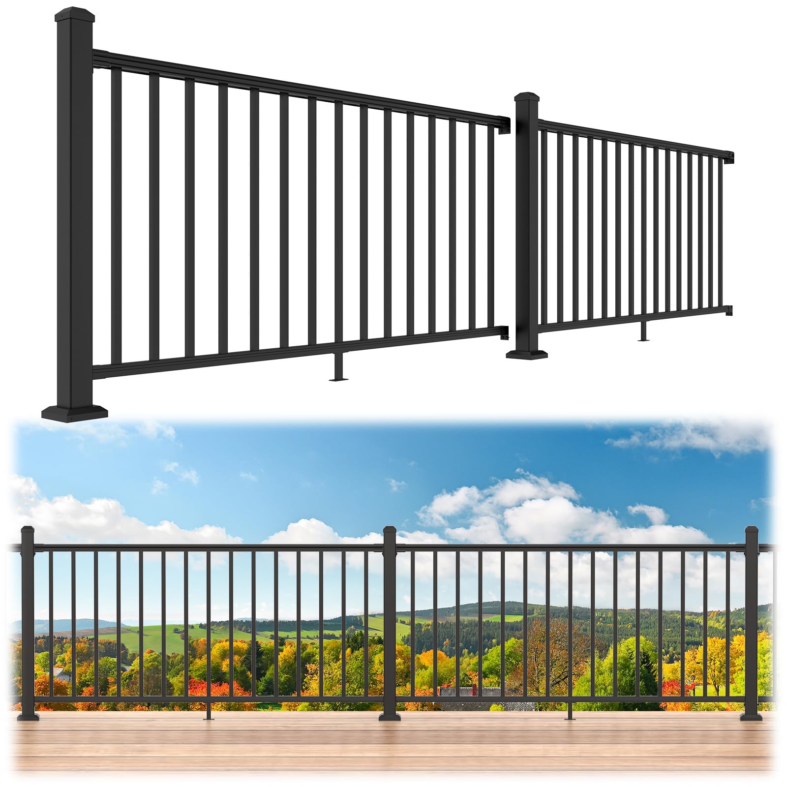 Misopily  36 in H by 12 ft W Aluminum Porch and Deck Railing Kit Black Textured Powder Coat Finish Modular Rail System for Outdoor Decks Porches