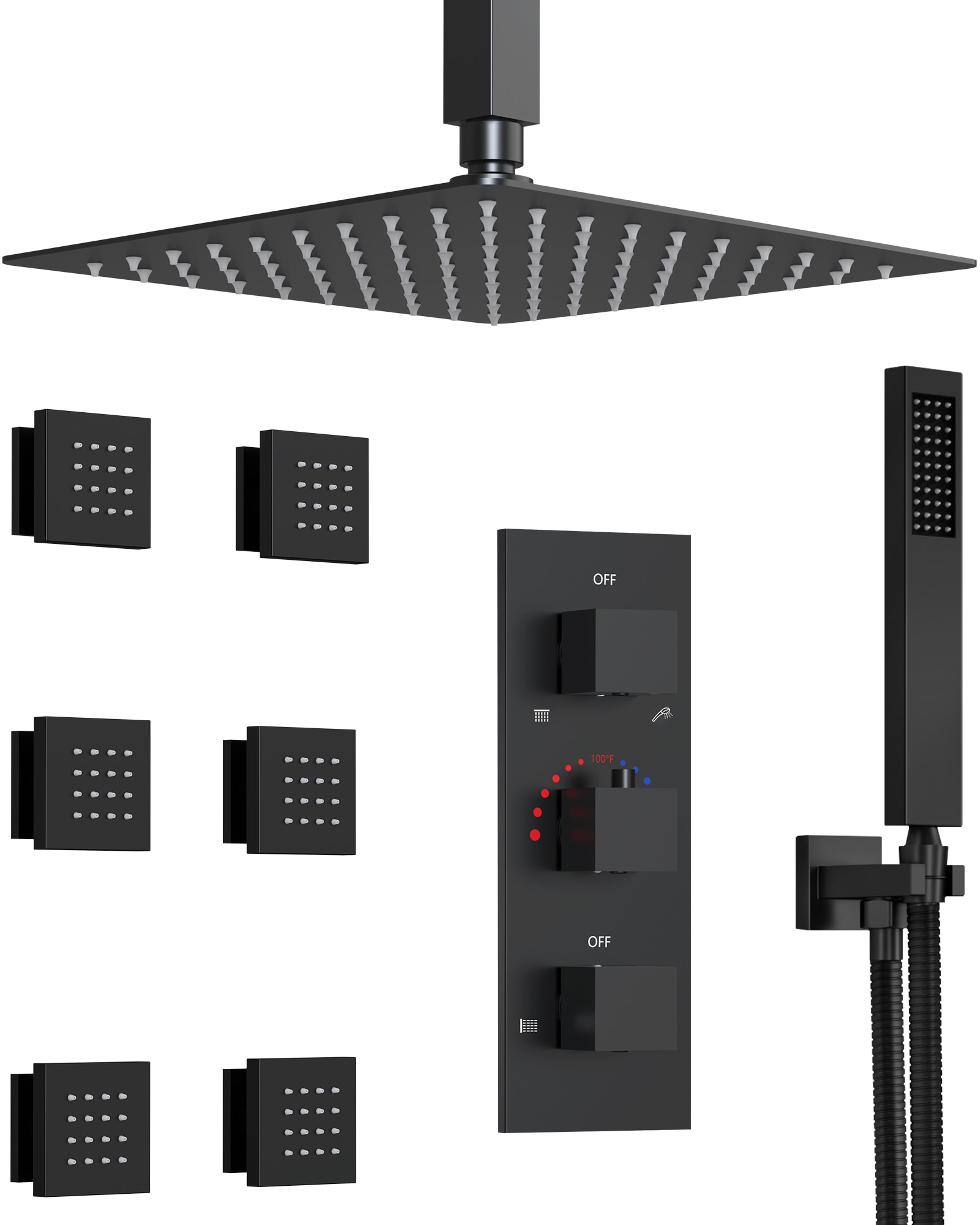 GRANDJOY  5 Spray Settings Thermostatic Shower System 12 Inch Ceiling Mount Rainfall Shower Head with Handheld and Wall Mount Head Matte Black