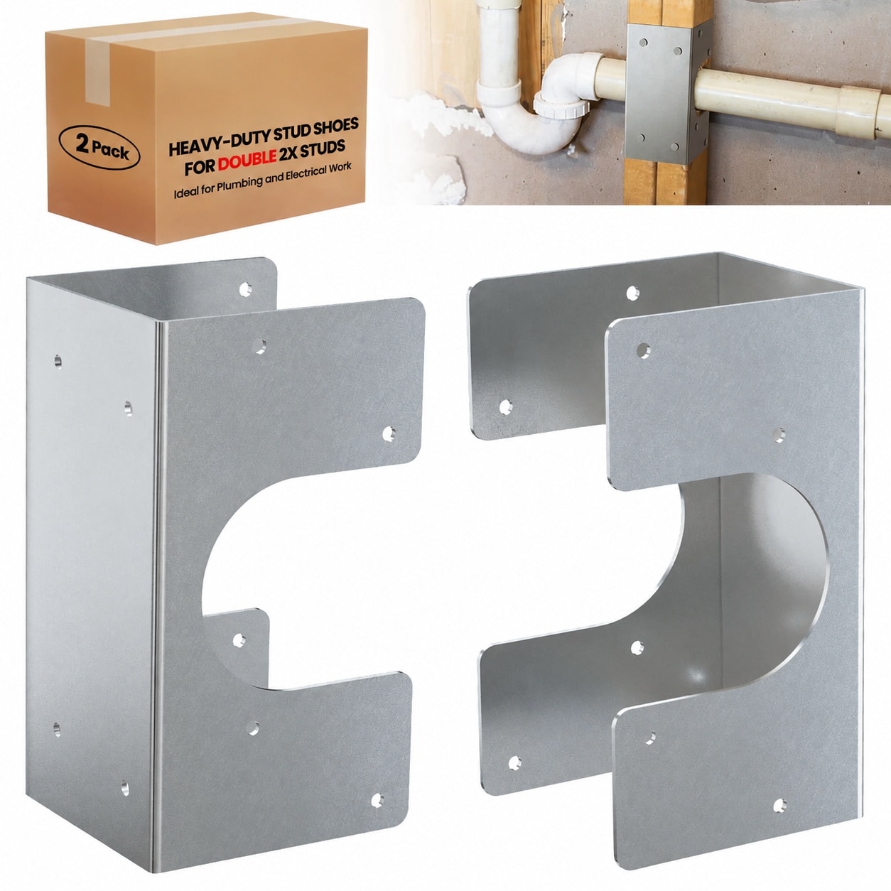 Phyfalip  Stud Shoes for Double 2X Studs 16 Gauge Galvanized Steel 6.25 in Height 3 in Width Fits Up to 2 3/8 in Outside Diameter Pipes Durable