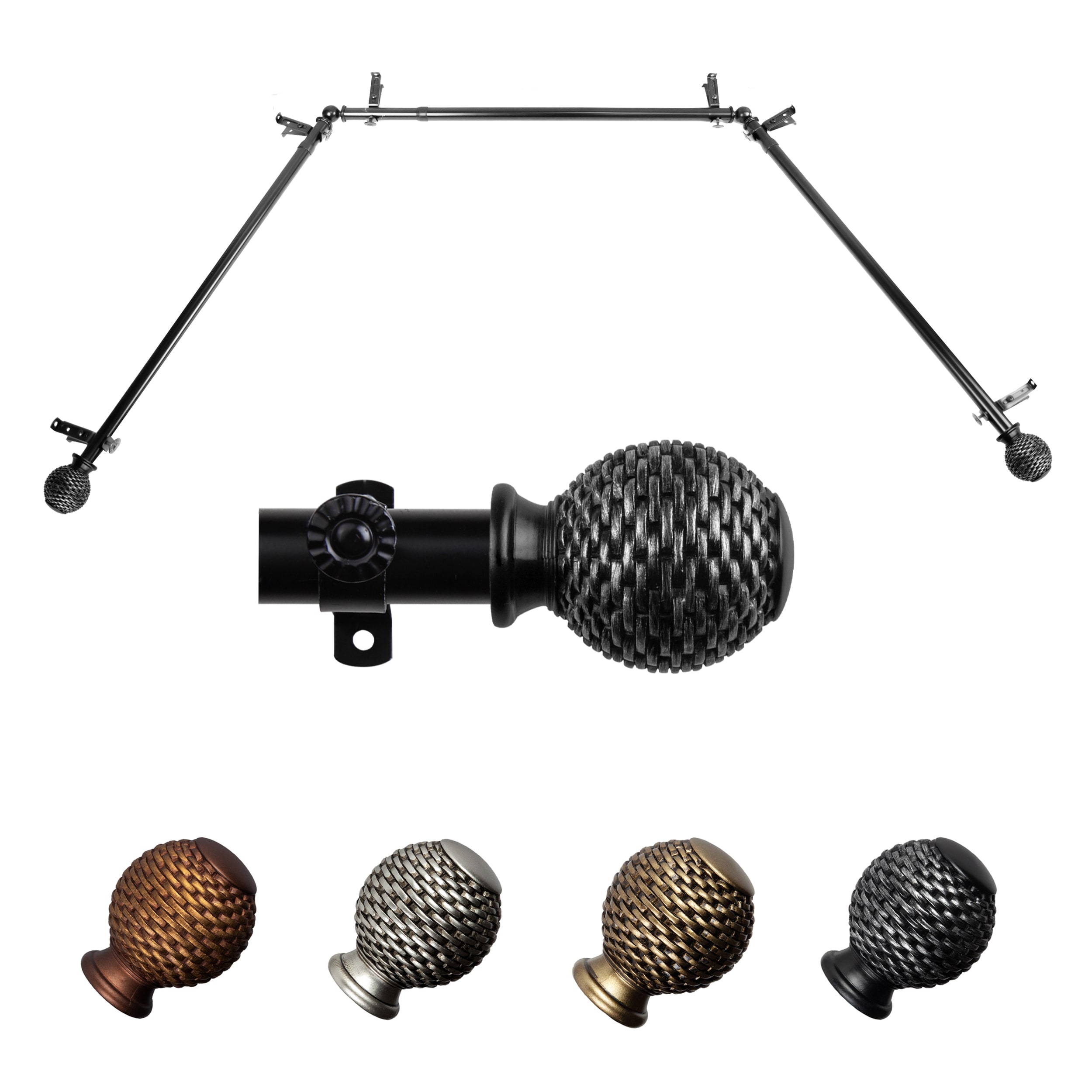 Hart & Harlow L-ABAY-79-2 Orion 13/16-in 38-in to 72-in Black Steel Bay window curtain rod with Finials