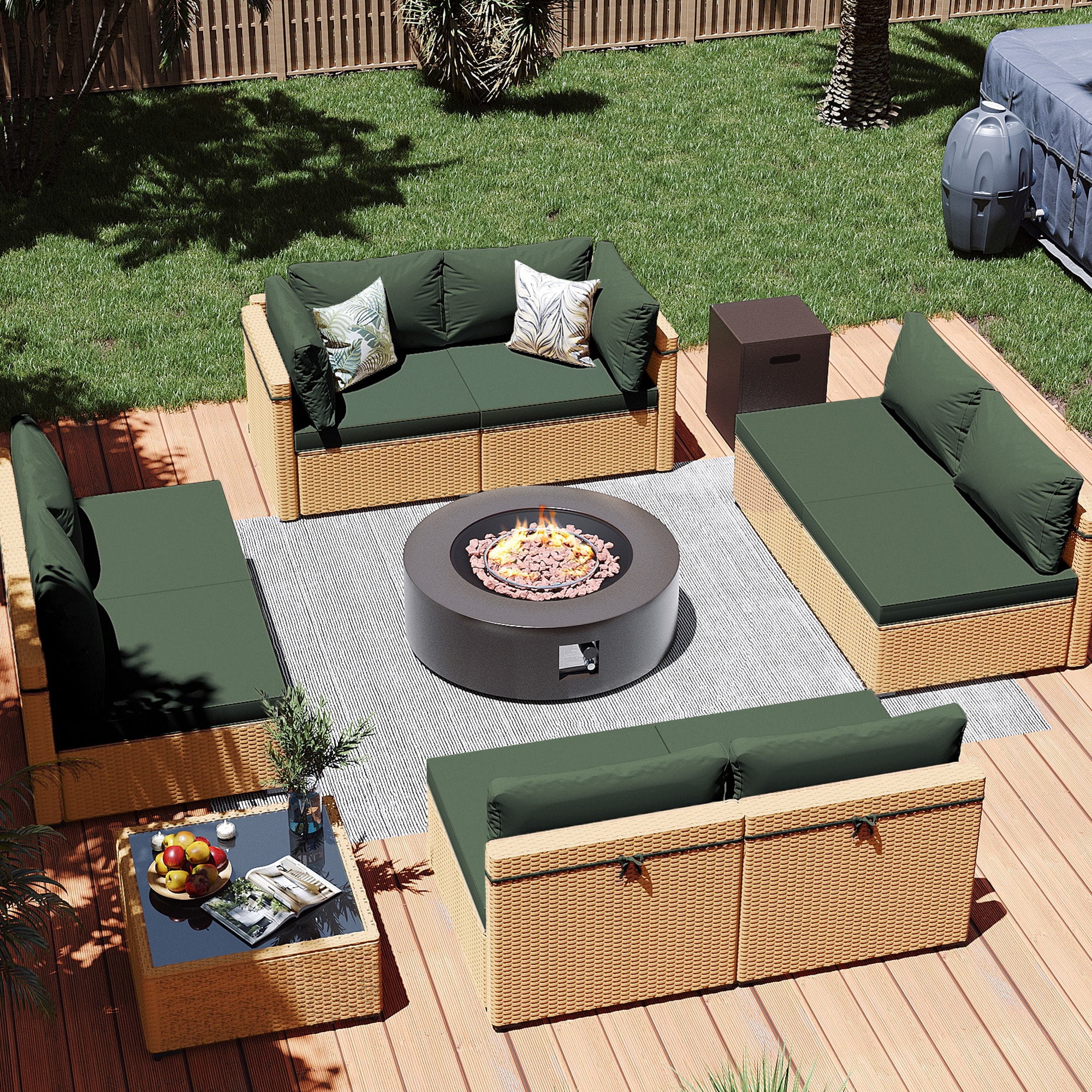 Patio Watcher LS-RT9-KD42BR-Y3 10 -Piece Rattan Patio Conversation Set with Green Cushions
