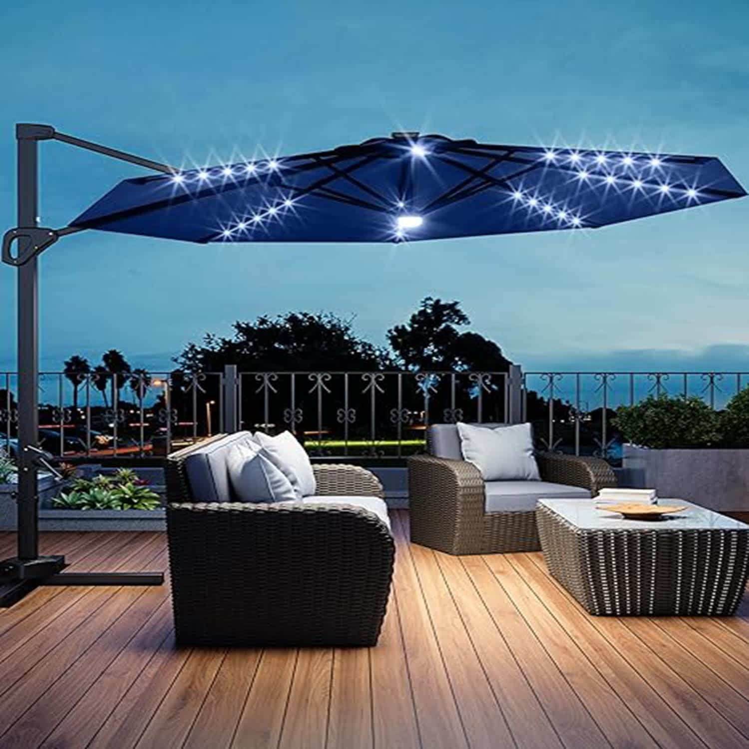 Qeetex LSHQQPPG-335SHM9M 10FT Mini Patio Umbrella 360 Degree Rotation with Base  With Light for Backyard Garden Pool Deck Porch Navy