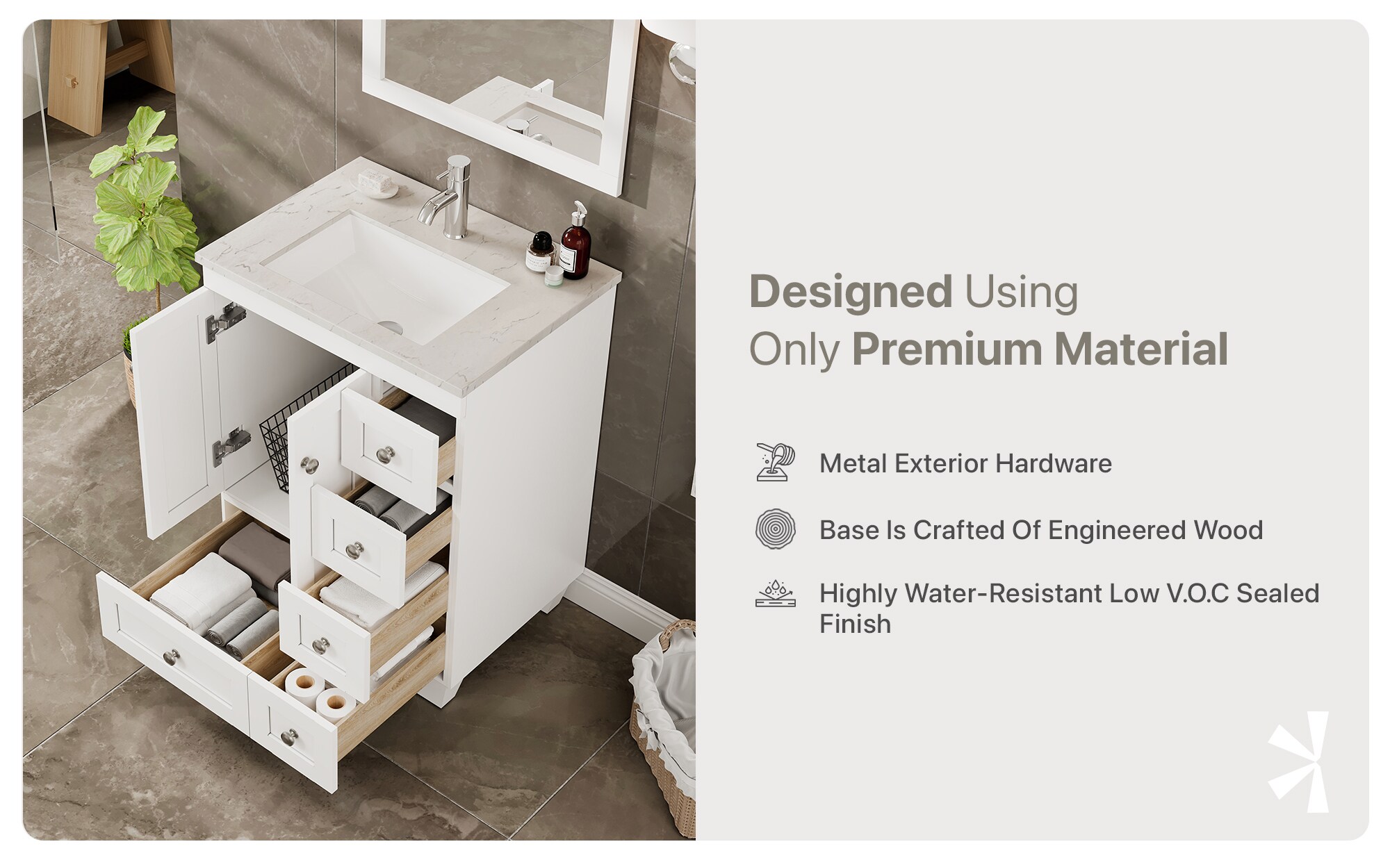 White 24" Bathroom Vanity with Carrara Quartz Top and Sink