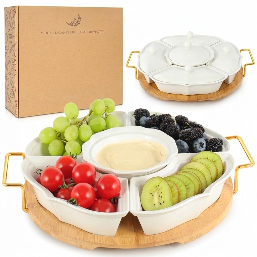 Anqtovp 6 Piece Ceramic Lazy Susan Rotating Serving Tray Set with 5 Divided Bowls and Bamboo Turntable for Chips Veggies Fruits Dips Appetizers White #LAN0424N18