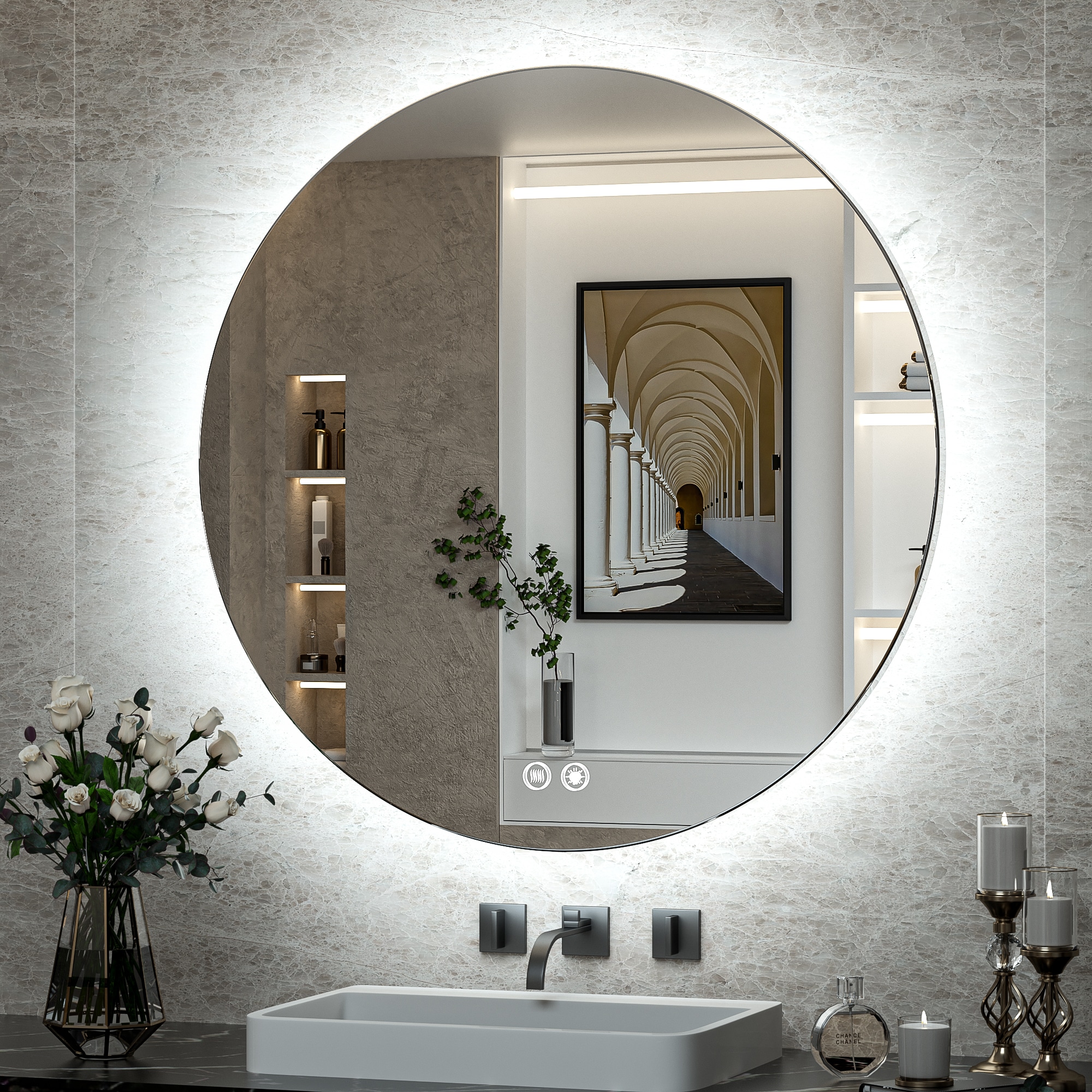 Keonjinn LW-JZ-BGSSW-R100 40-in x 40-in Polished Frameless Round Dimmable LED Lighted Fog Free Bathroom Vanity Mirror ( Sliver )