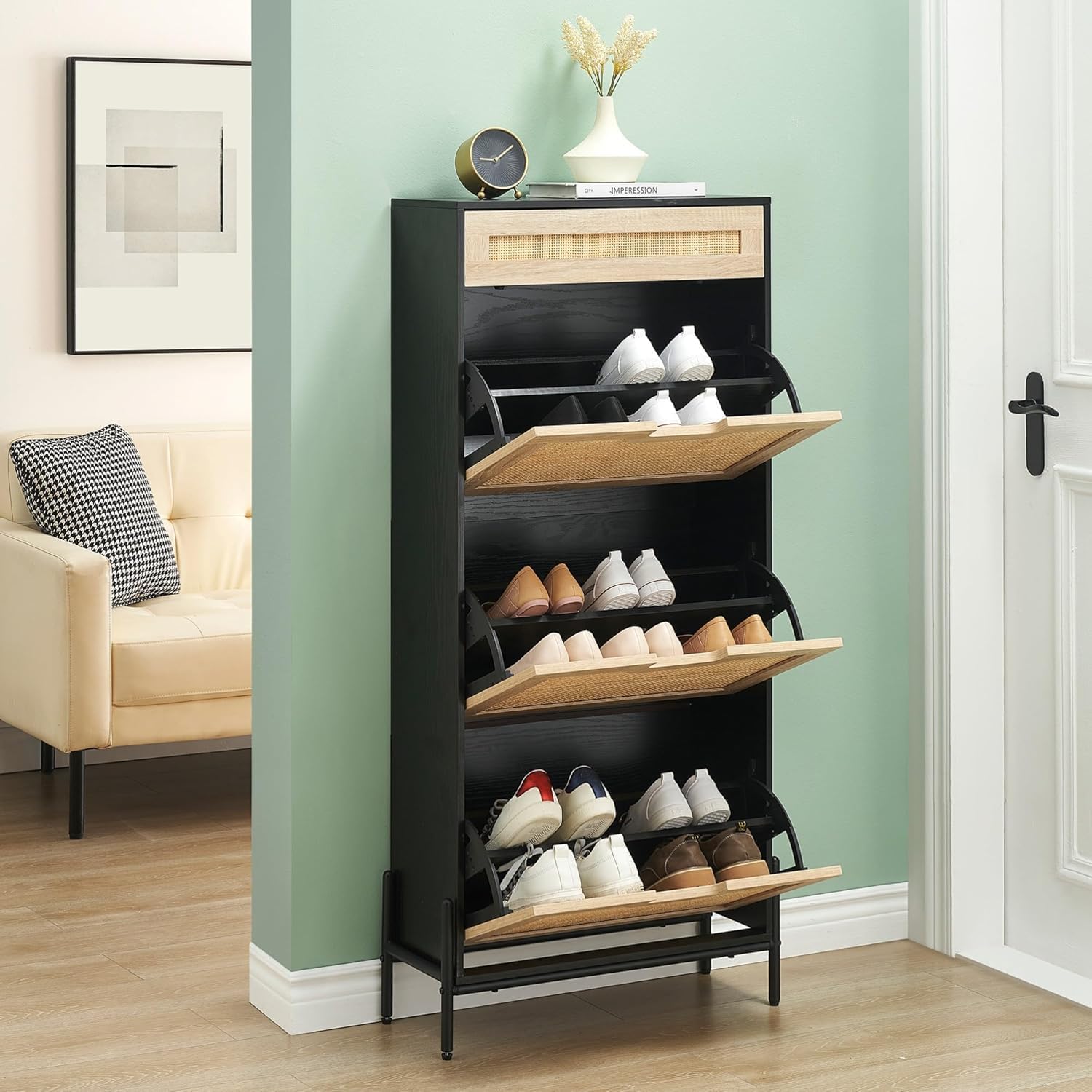 GAOMON Slim rattan shoe cabinet with flip drawers 3 tier narrow freestanding hidden shoe organizer for home apartment black oak