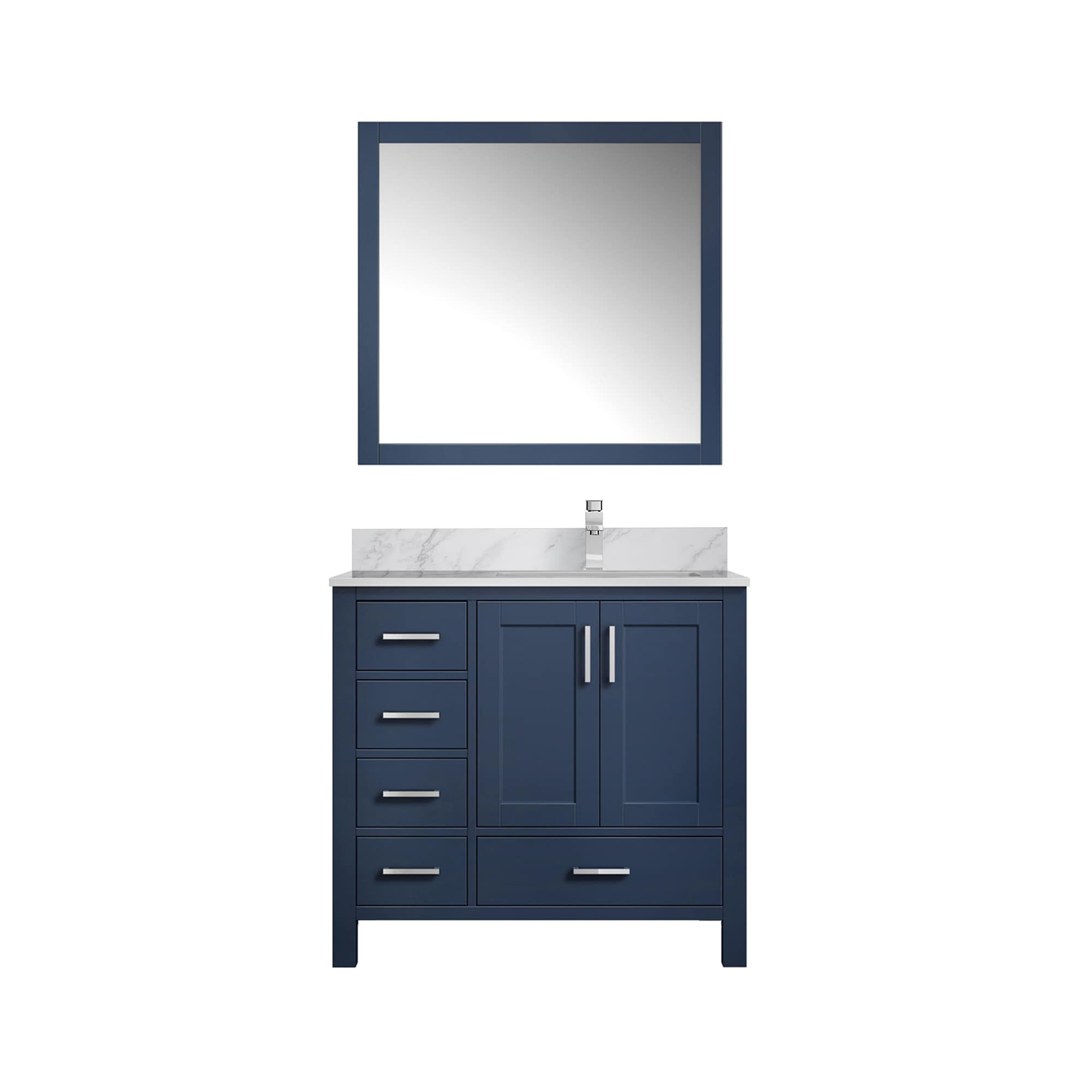 Lexora LJ342236SEDSM34FR Jacques 36-in Navy Blue Undermount Single sink Bathroom Vanity with White Carrara Marble Marble Top (Mirror Included) (Faucet Included)