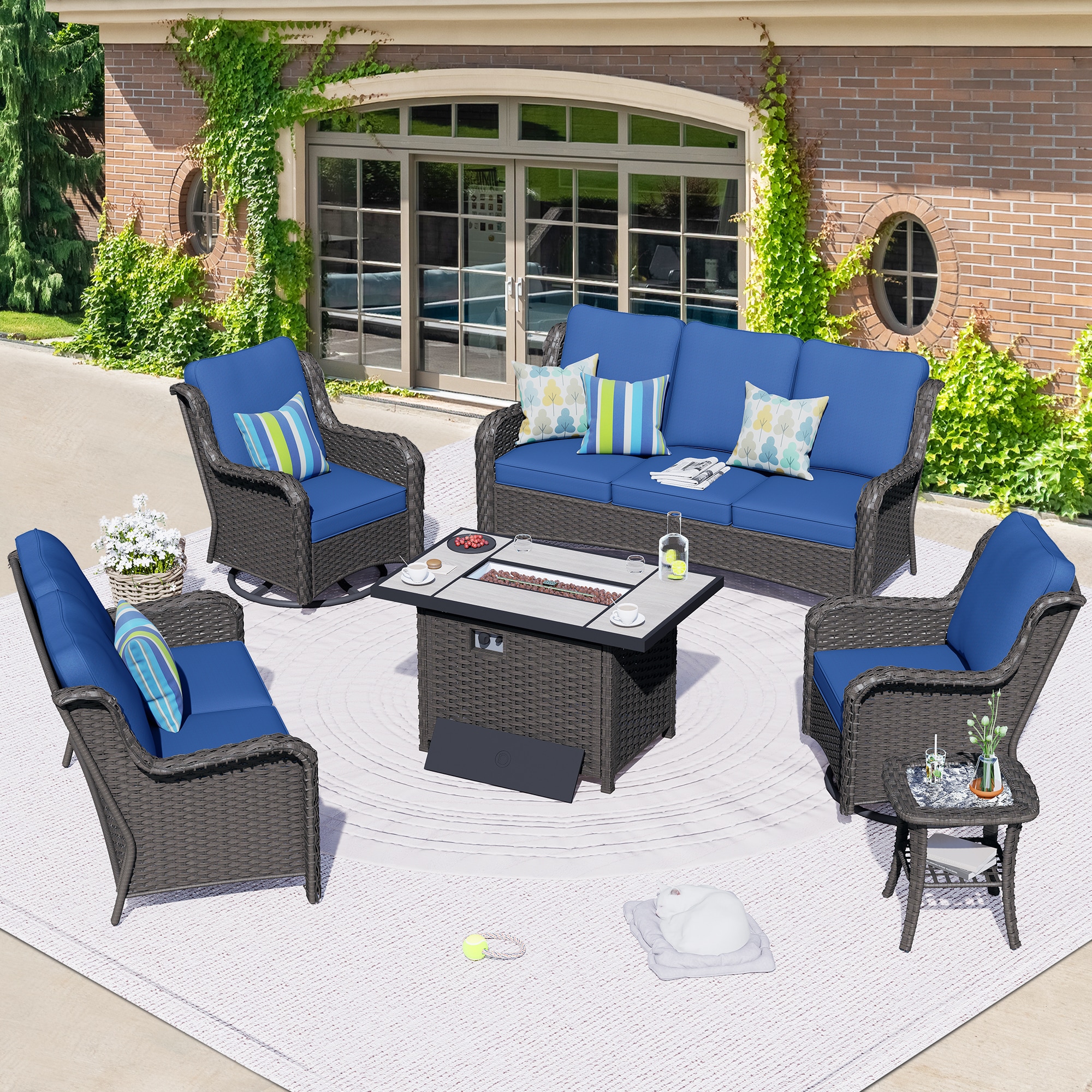 Pouuin SRFPYZNTC705 6 -Piece Wicker Patio Sofa Conversation Set with Navy Cushions