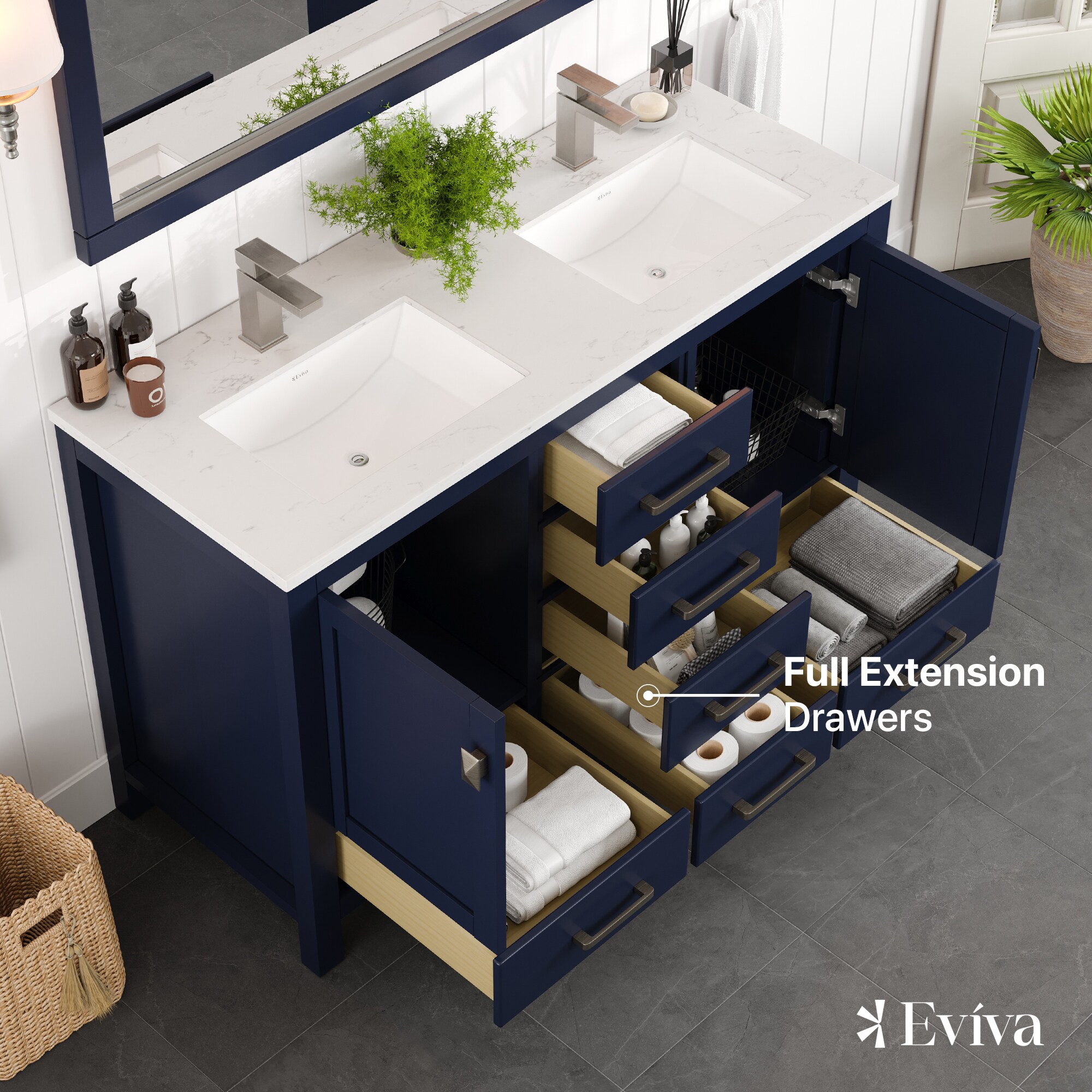 London 54" Blue Solid Wood Double Sink Bathroom Vanity with Quartz Top