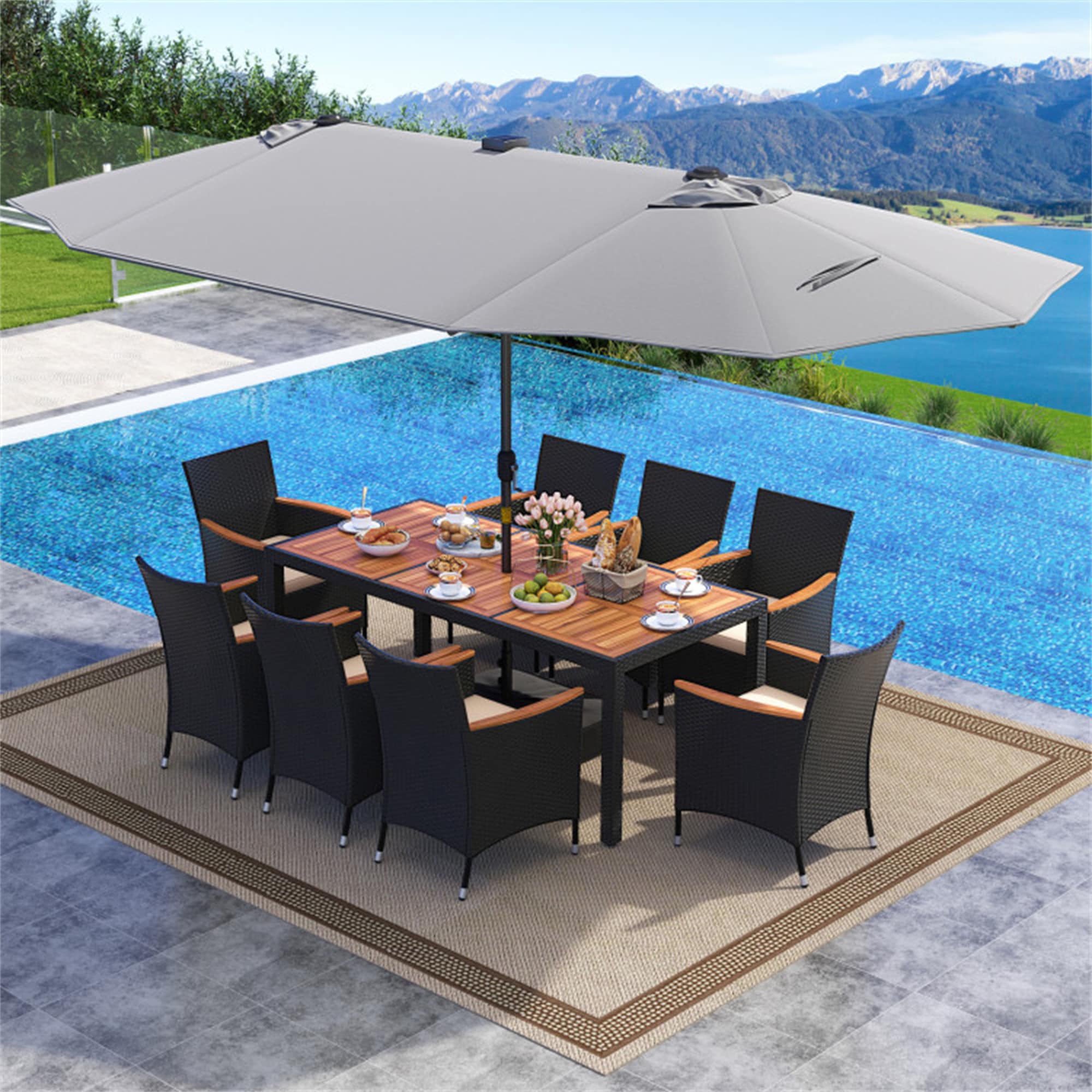 BABOOM BOM-70831-4-CO Patio Dining Set with LED Patio Umbrella with Base 11 -Piece Black Rattan Patio Dining Set Wood Rectangle Table with 8 Beige Cushions Stackable Stationary Chairs and Umbrella Included