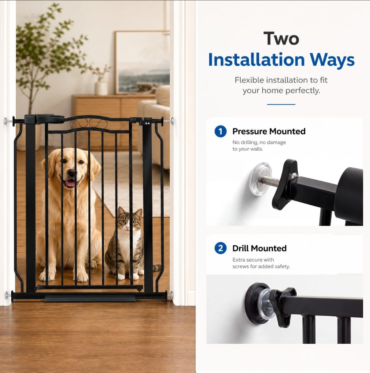 Etokfoks  Extra Wide 30 in x 6 ft Pressure Mount Baby Gate Auto Close Black Metal Safety 1 Pack