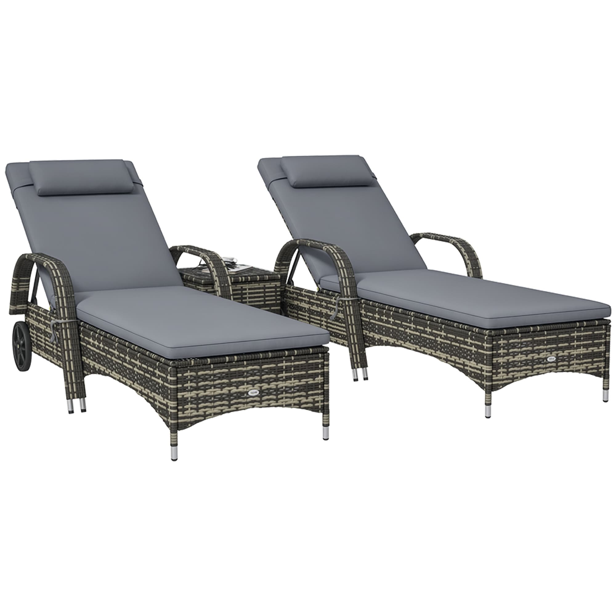 Outsunny 862-014V02GY Wicker Outdoor Chaise Lounge Chair Set of 3 with Side Table 5-Level Adjustable Backrest PE Rattan Pool Lounge Chair with Wheels Cushion and Headrest Gray