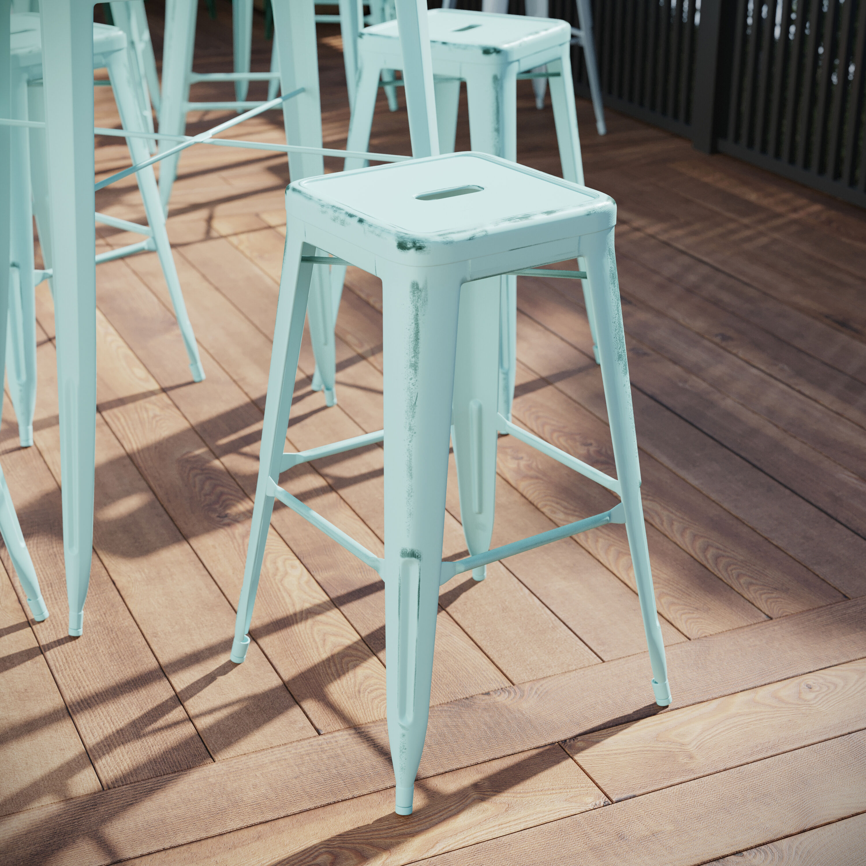 30" Distressed Green-Blue Metal Backless Bar Stool