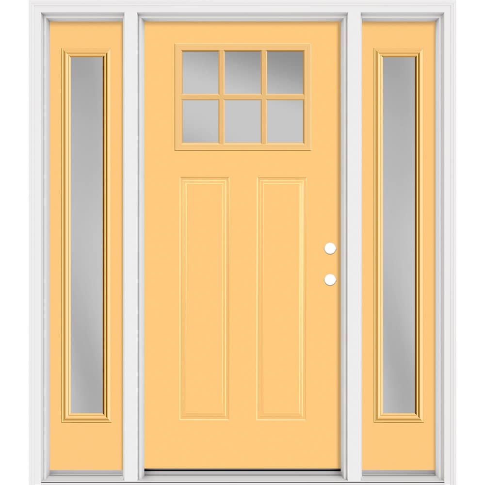 Masonite 321302 Steel Doors Series 64-in x 80-in x 4-9/16-in Steel Craftsman Left-hand inswing Cabana Yellow Painted Prehung Front Door with Sidelights with Brickmould Insulating core