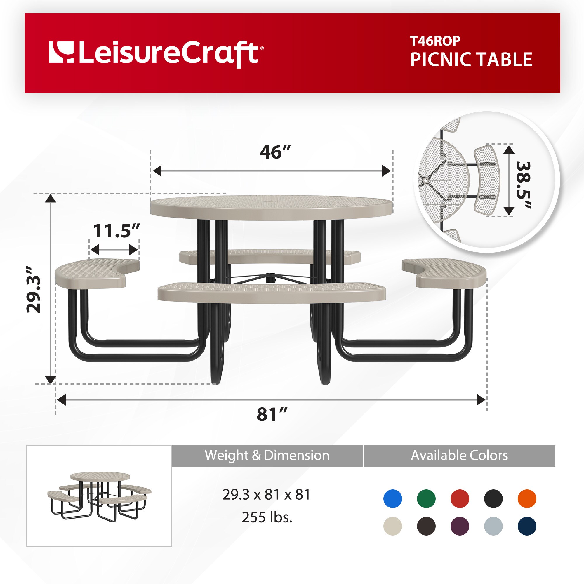 LeisureCraft T46ROP-BEIGE Picnic-Tables - View #6