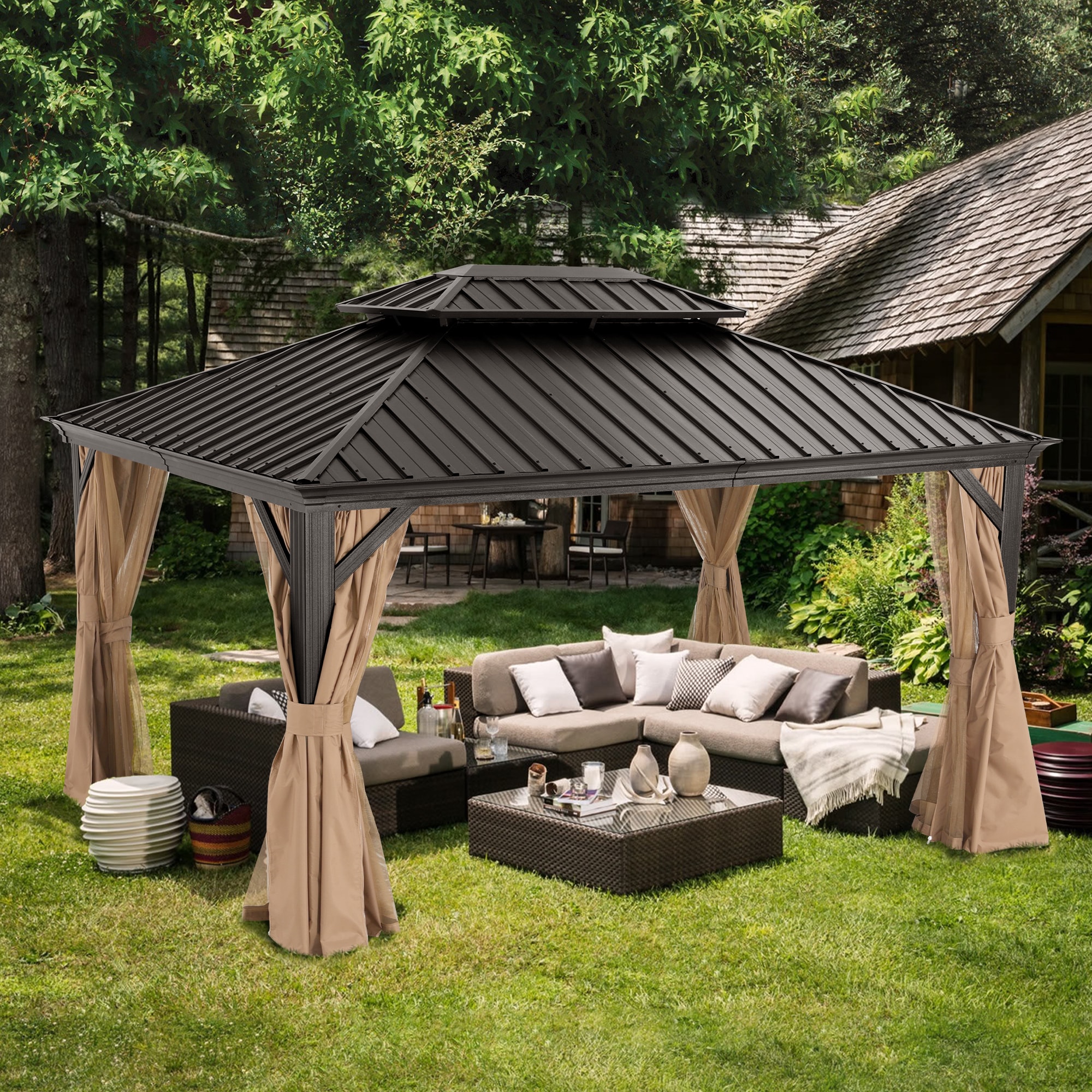 ABCCANOPY 12-ft X 16-ft Rectangle Khaki Metal Steel Roof Gazebo With ...