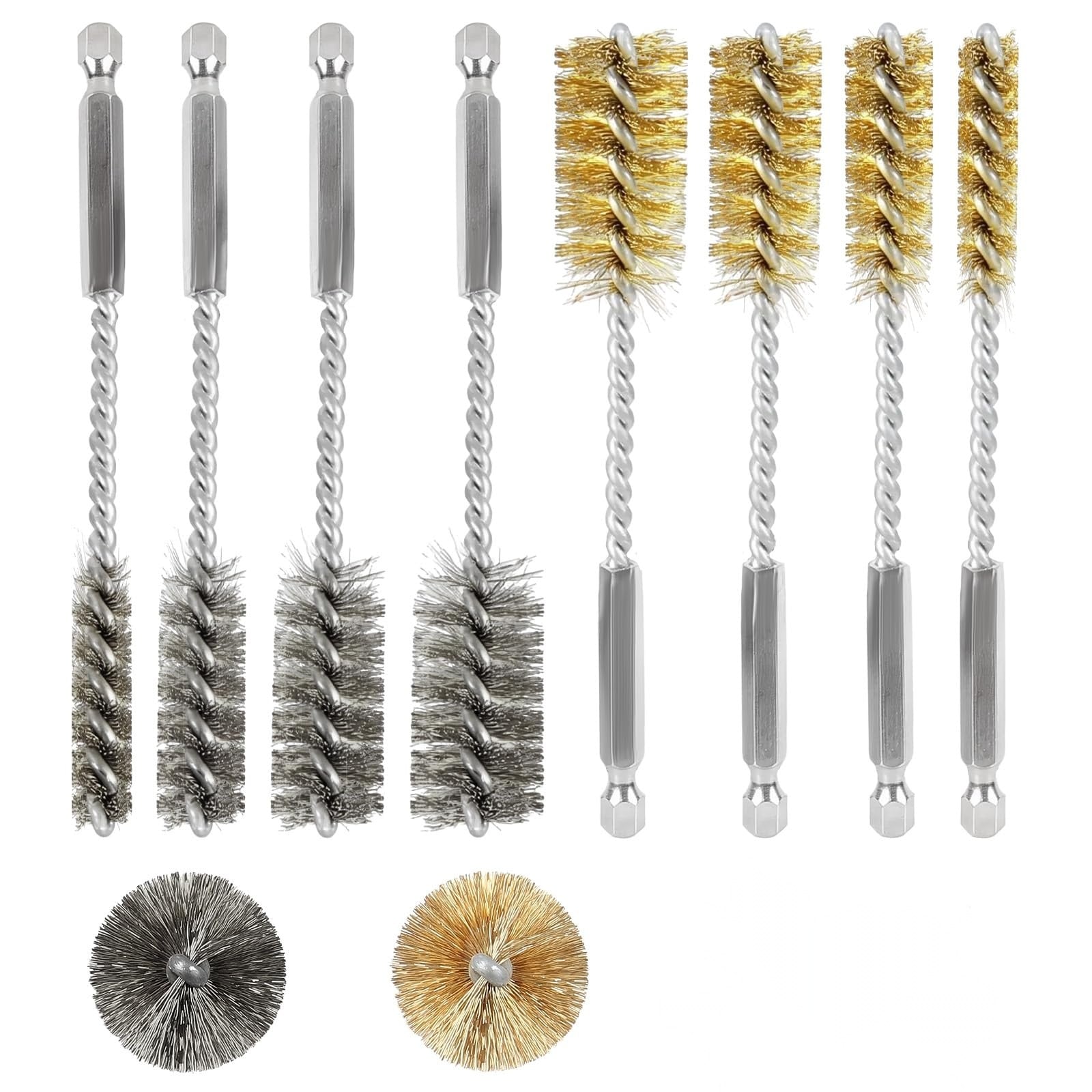 Etokfoks  8 Piece Bore Brush Set Stainless Steel Brass Wire Brushes Hex Shank Twisted Core Power Drill Cleaning Tool