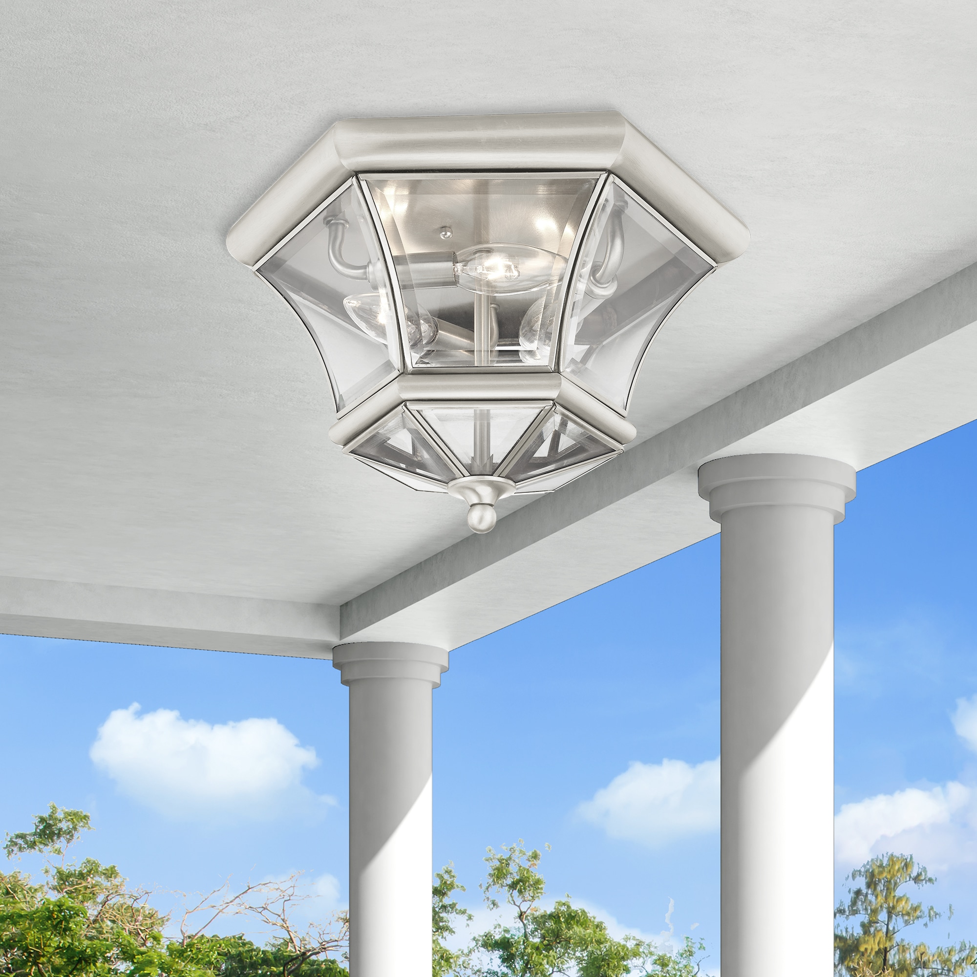 Brushed Nickel 3-Light Indoor/Outdoor Flush Mount with Clear Glass