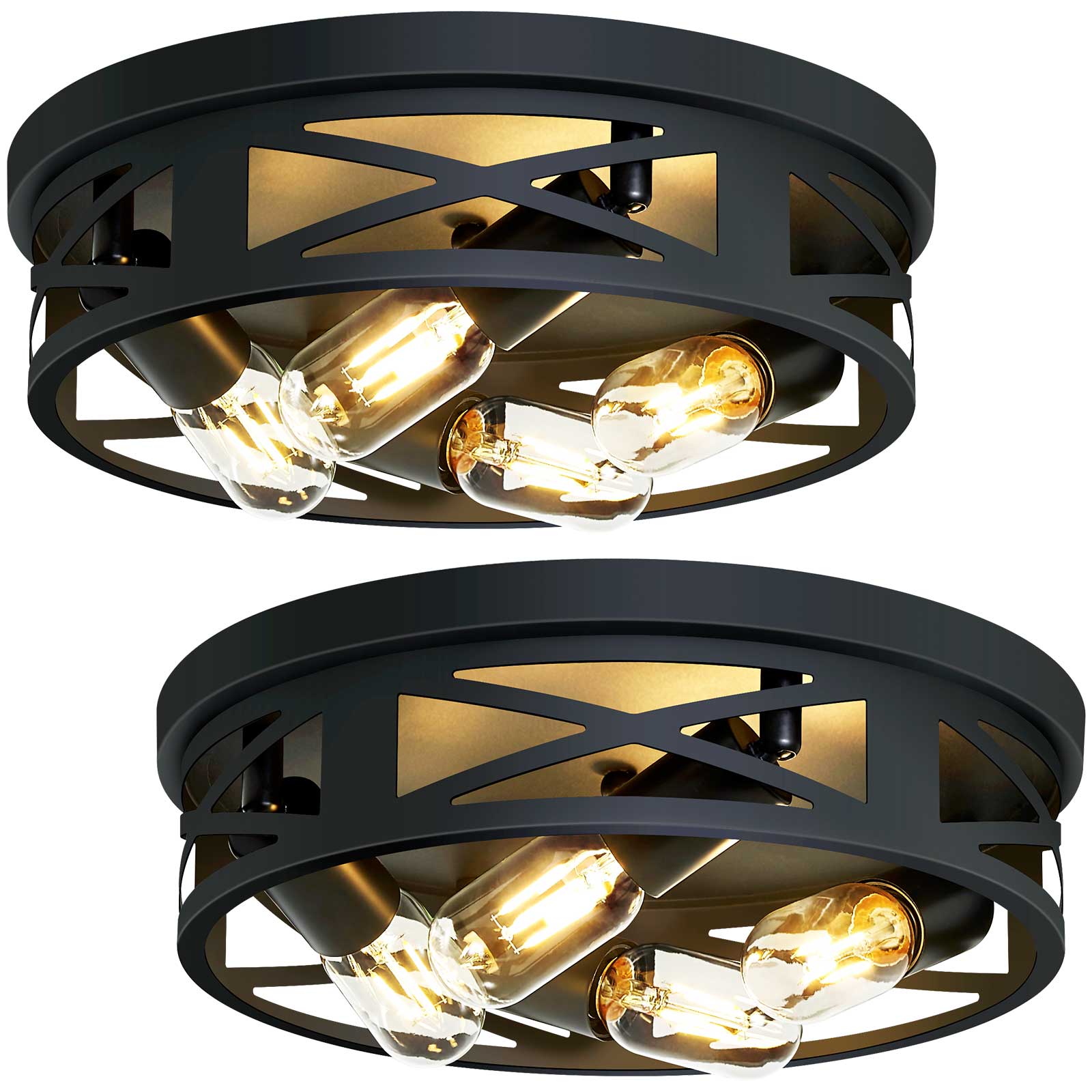 Zitrend 4-Light Round Flush Mount Ceiling Light Matte Black Industrial with Crisscross Iron Cage 2-Pack for Kitchen Hallway and Entryway