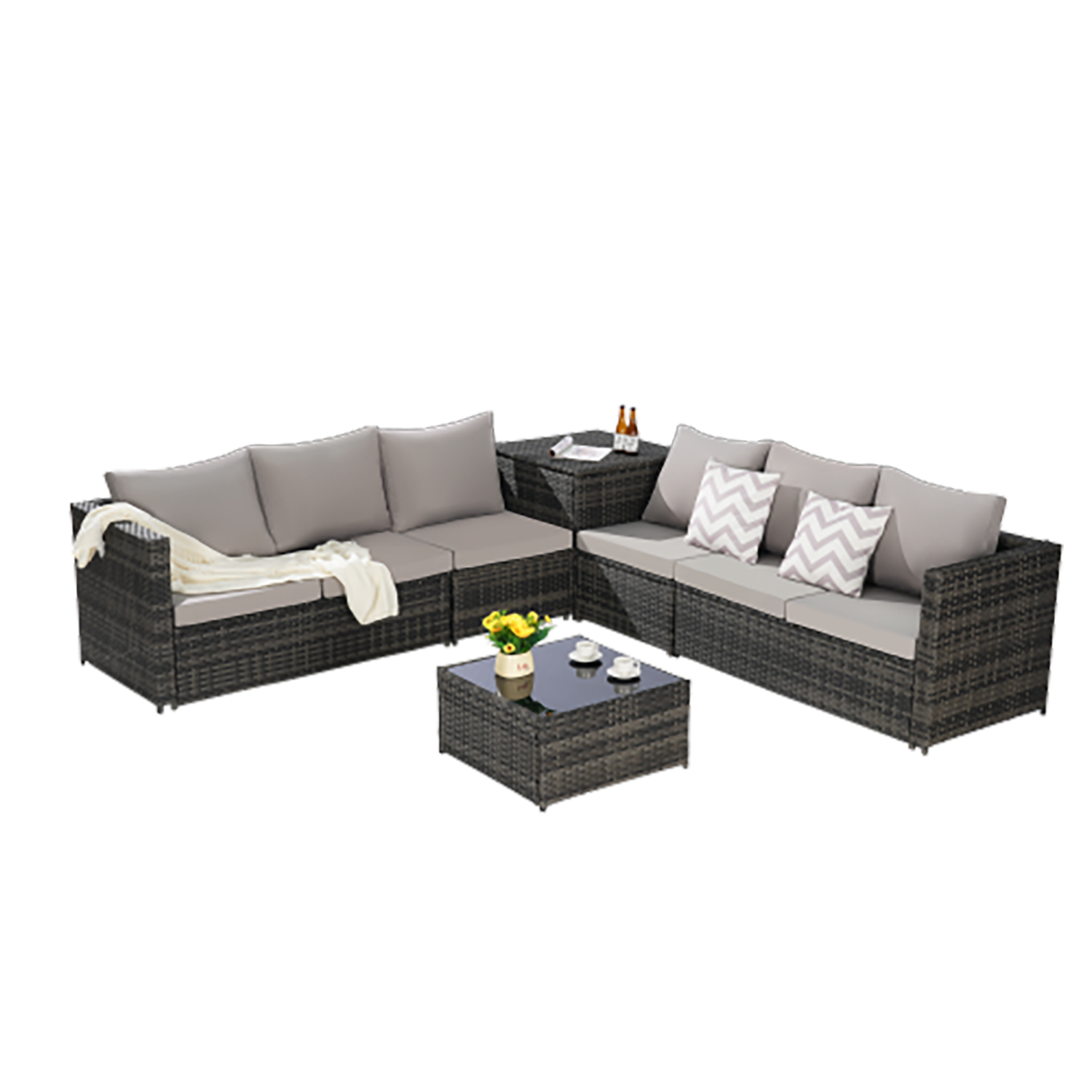 GZMR GM-DH-00012 6 -Piece Rattan 2 Patio Sofa Conversation Set with Gray Cushions