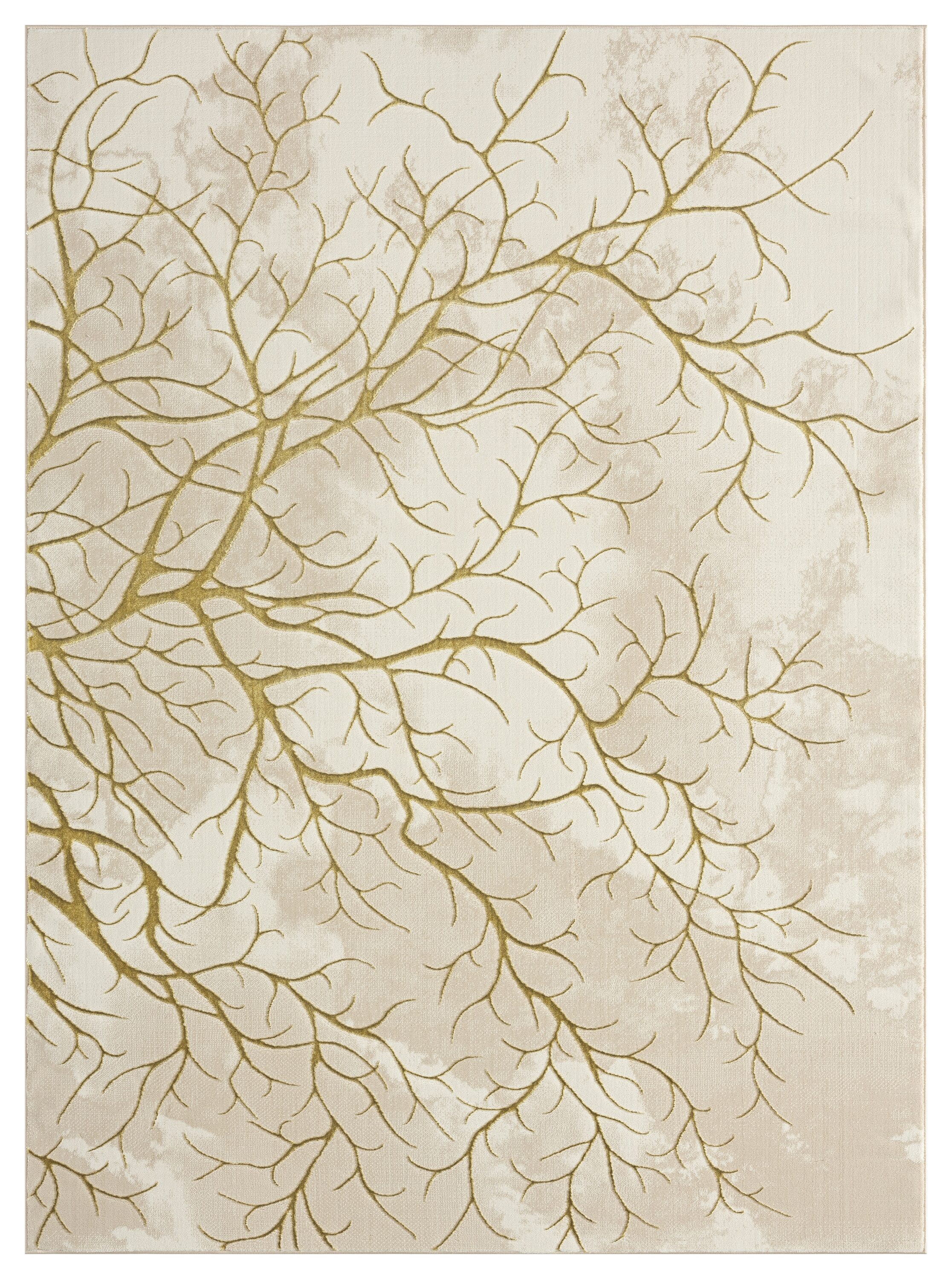 Beige and Gold Abstract Synthetic Area Rug