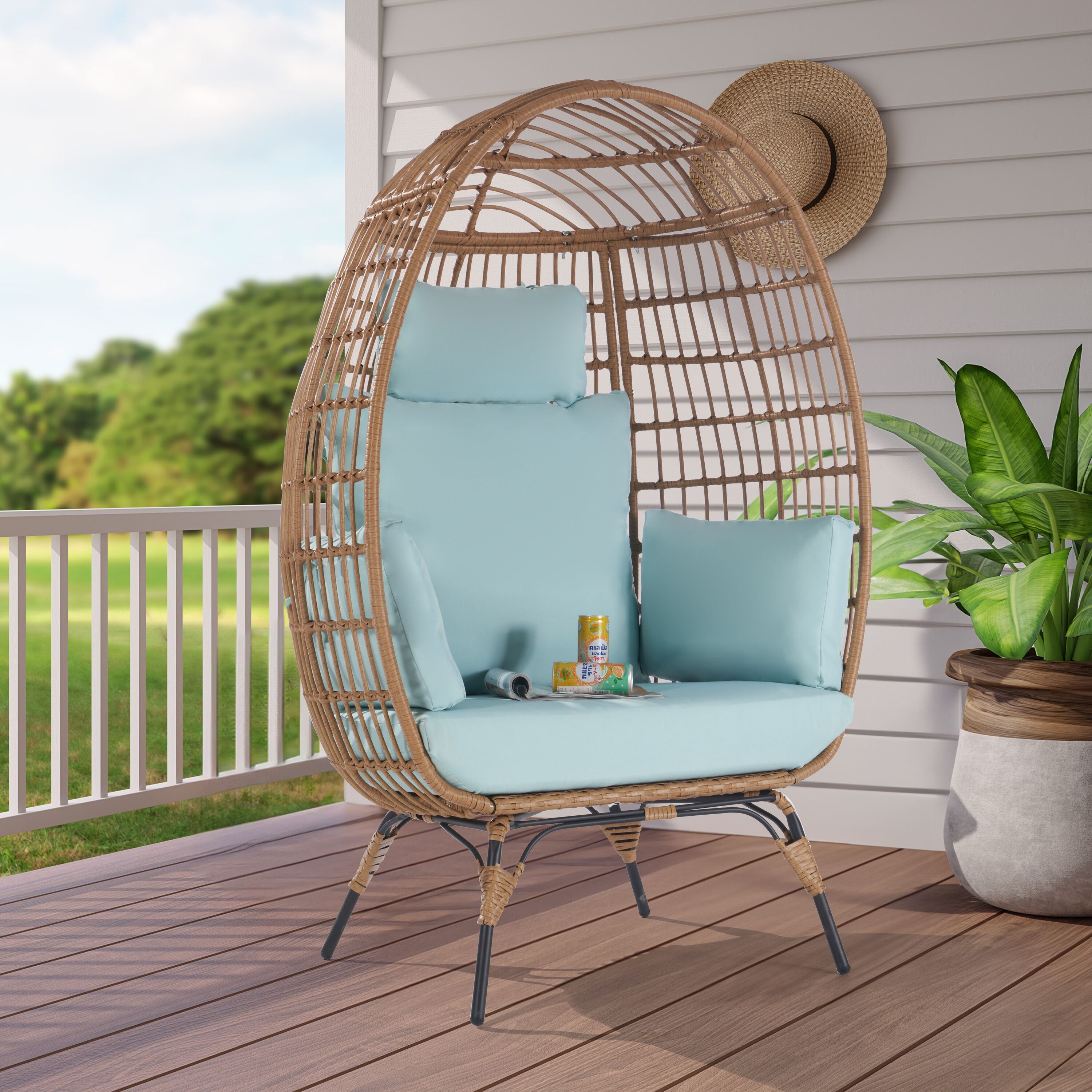 SANSTAR L-JDC54TFV1 Patio Chairs Wicker Brown Wicker Frame Stationary Egg Chair with Blue Cushioned Seat