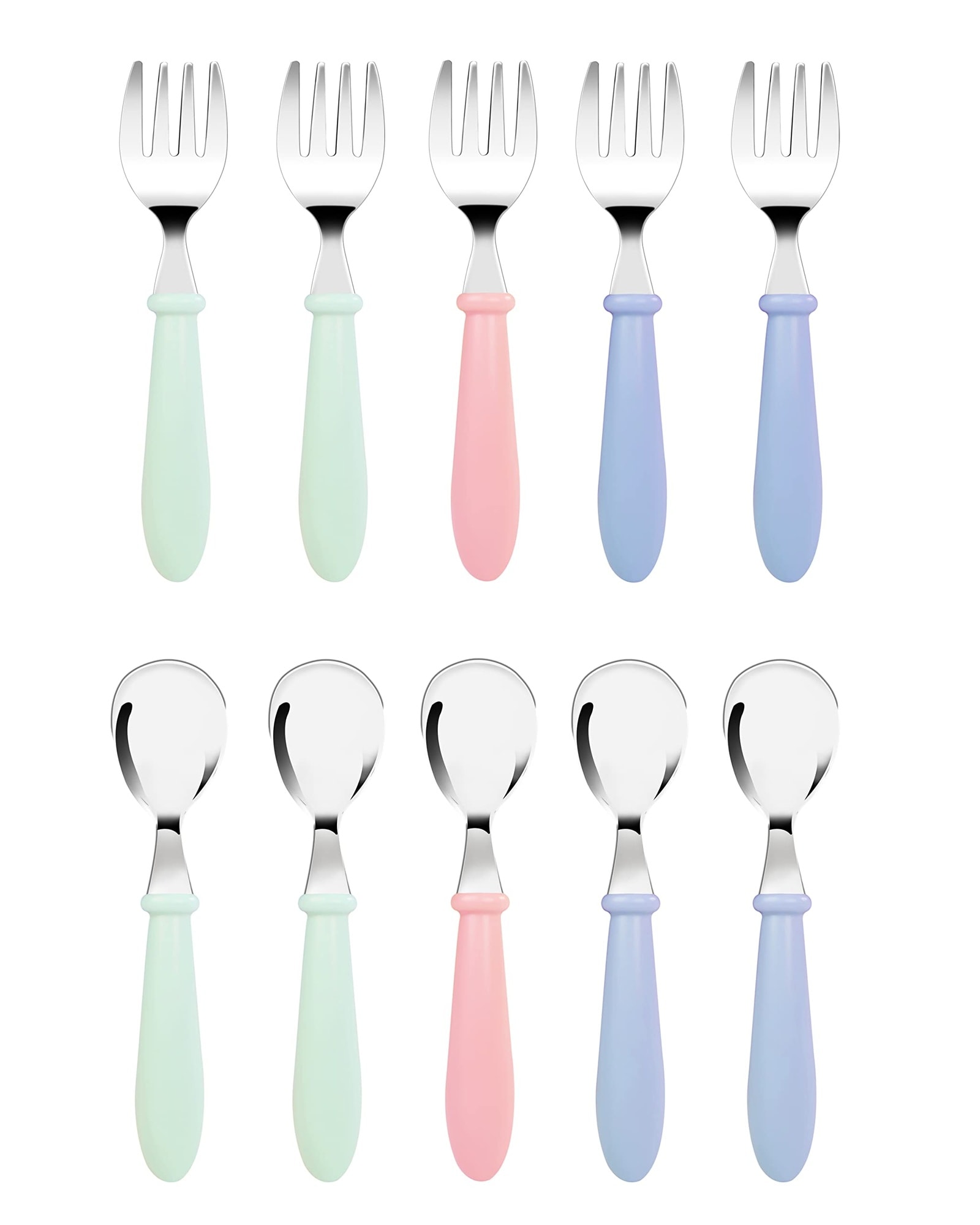 Linder Group Inc 10 Piece Toddler Utensils Stainless Steel Silverware Set with Round Handle Forks and Spoons for Self Feeding for Flatware