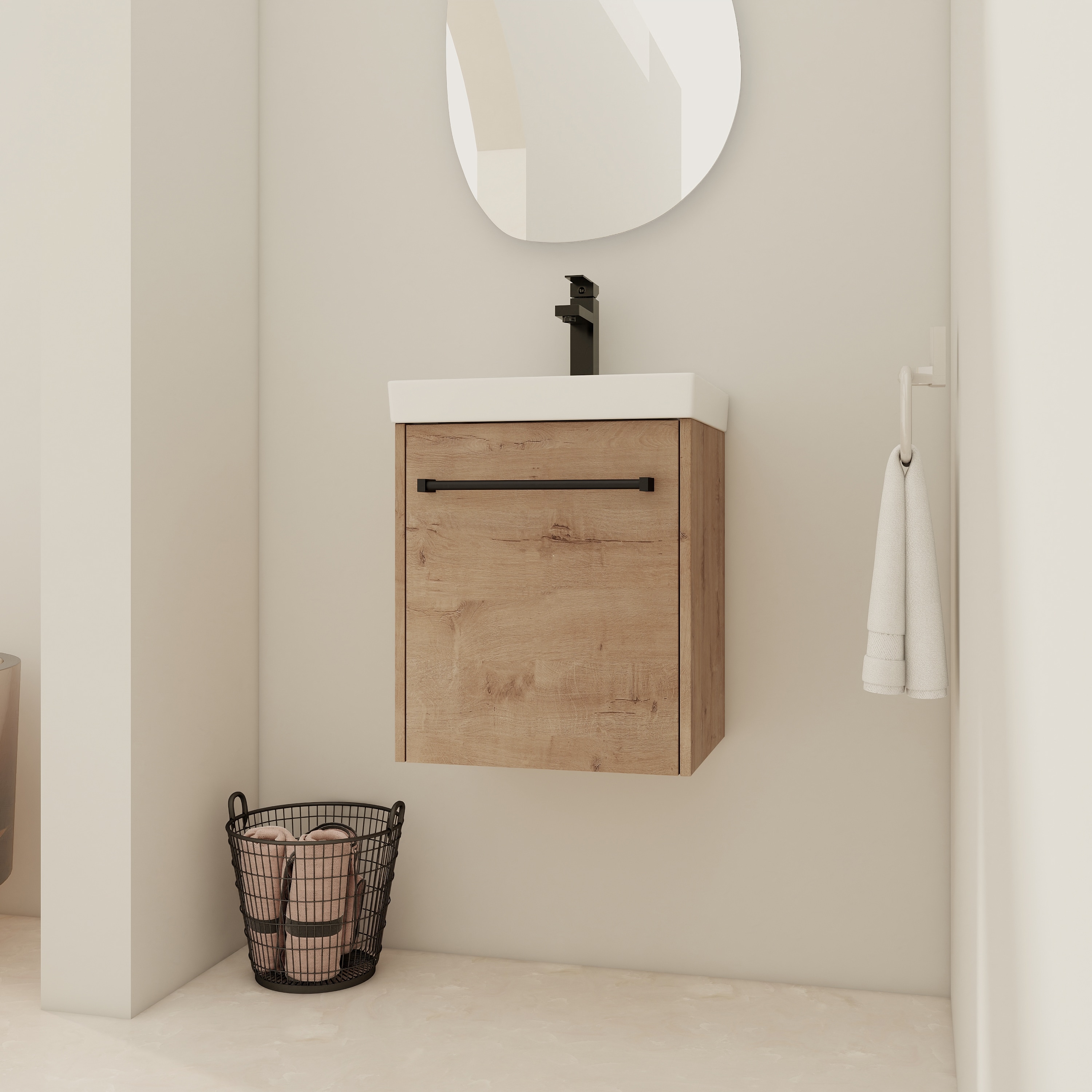 Afhocomp 18 in. Single Sink Wall-mount Imitative Oak Bath Vanity with White Integral Ceramic Basin