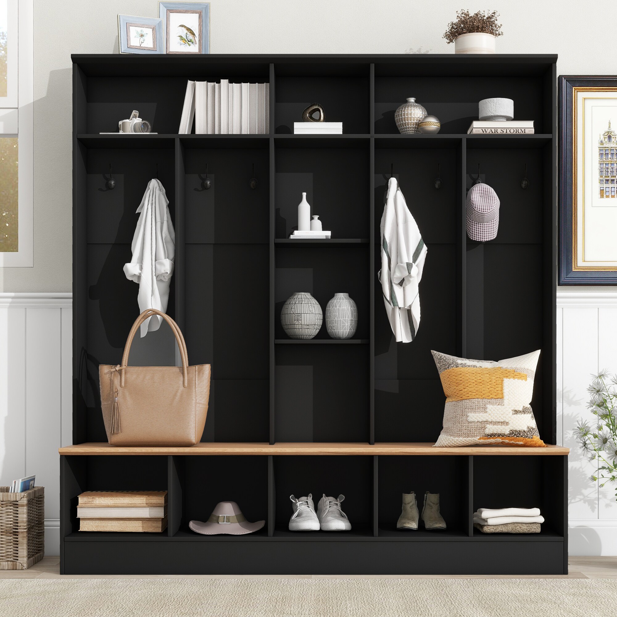 Nestfair Hall Tree Modern 66.9-in Black Wood Hall Tree