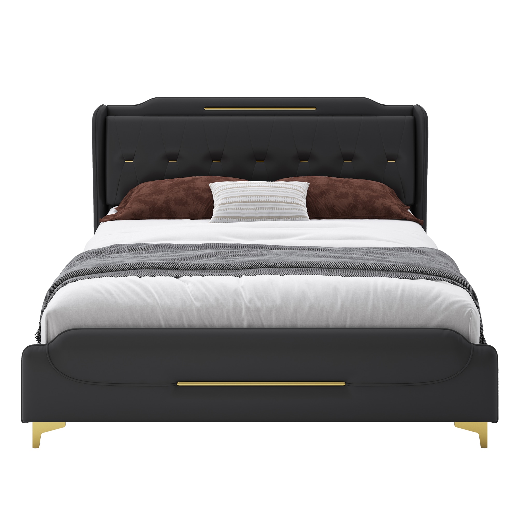 Black Faux Leather Queen Bed with Wingback Headboard and Gold Accents