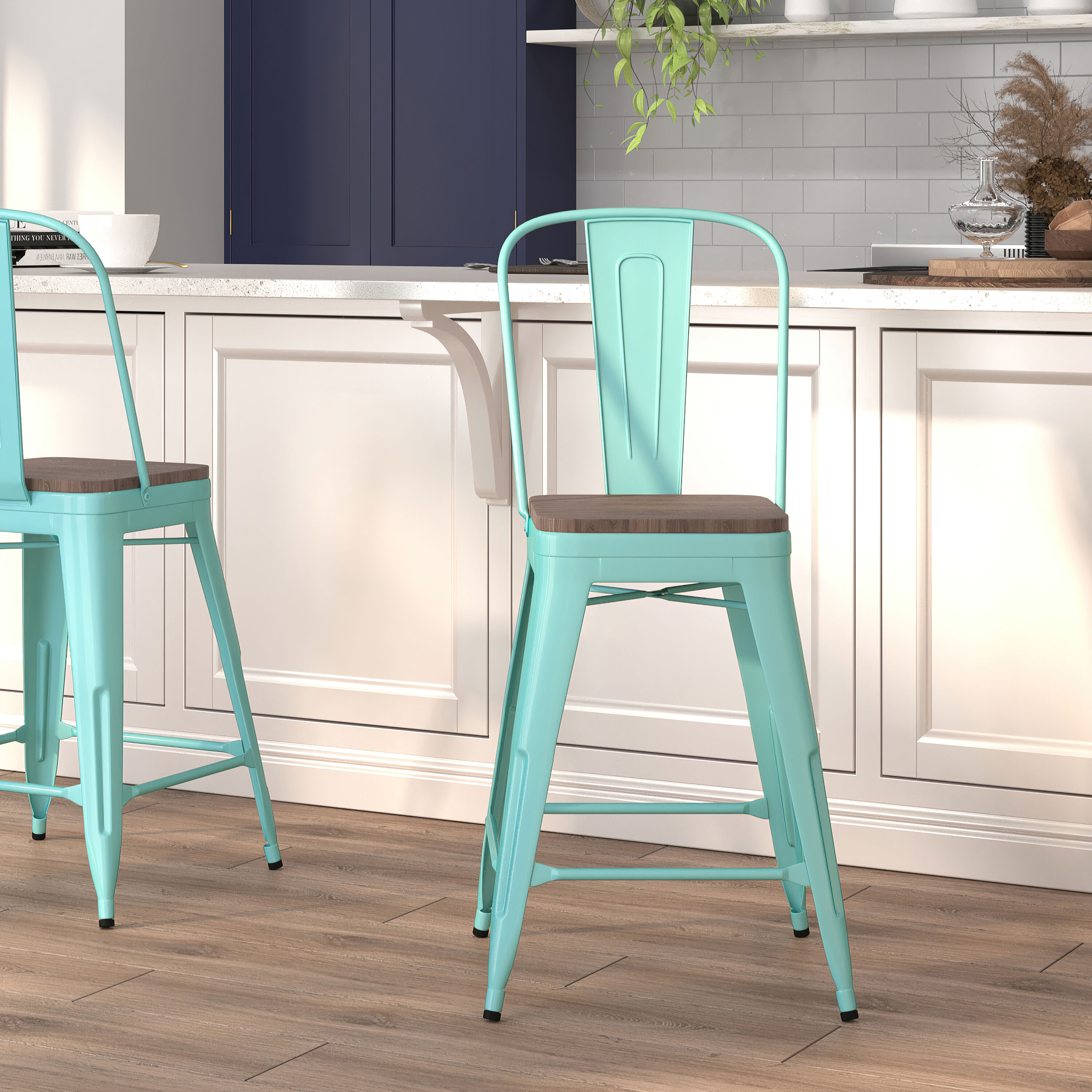 Mint Green Desk Cabinets with Sleek Black Stool - Contemporary - Kitchen