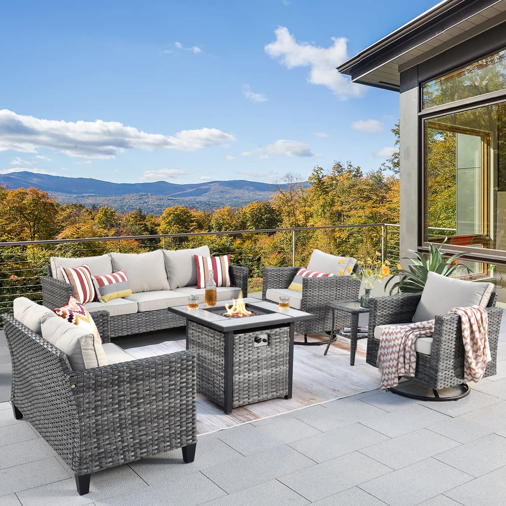 XIZZI XSQRCL6164-FP Lullaby 6 -Piece Rattan Patio Sofa Conversation Set with Off-white Cushions