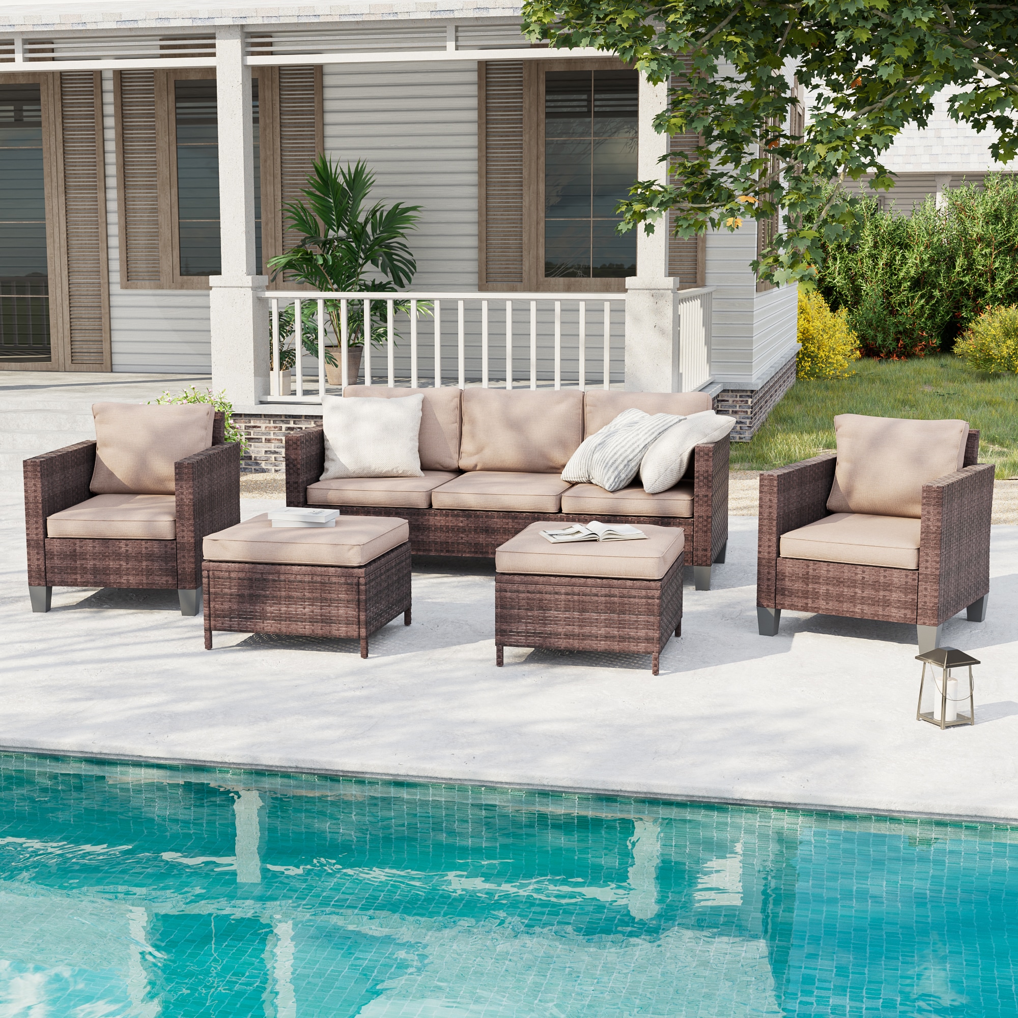ACEGOSES LW-115BSD Sereno 5 -Piece Wicker Patio Sofa Conversation Set with Tan Cushions