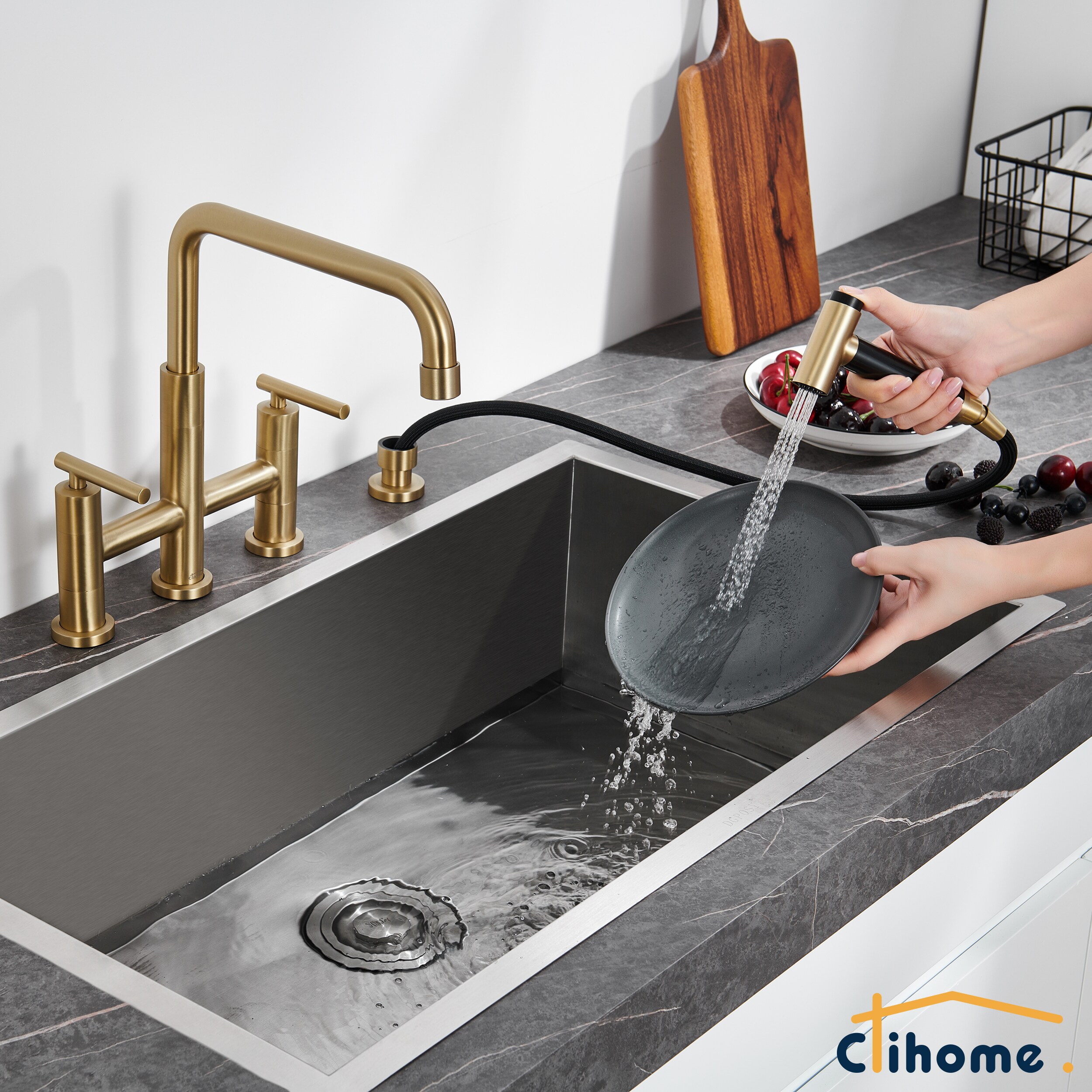Clihome Kitchen Faucet with Side Spray Brushed Gold Double Handle Bridge Kitchen  Faucet with Side Spray Included in the Kitchen Faucets department at 