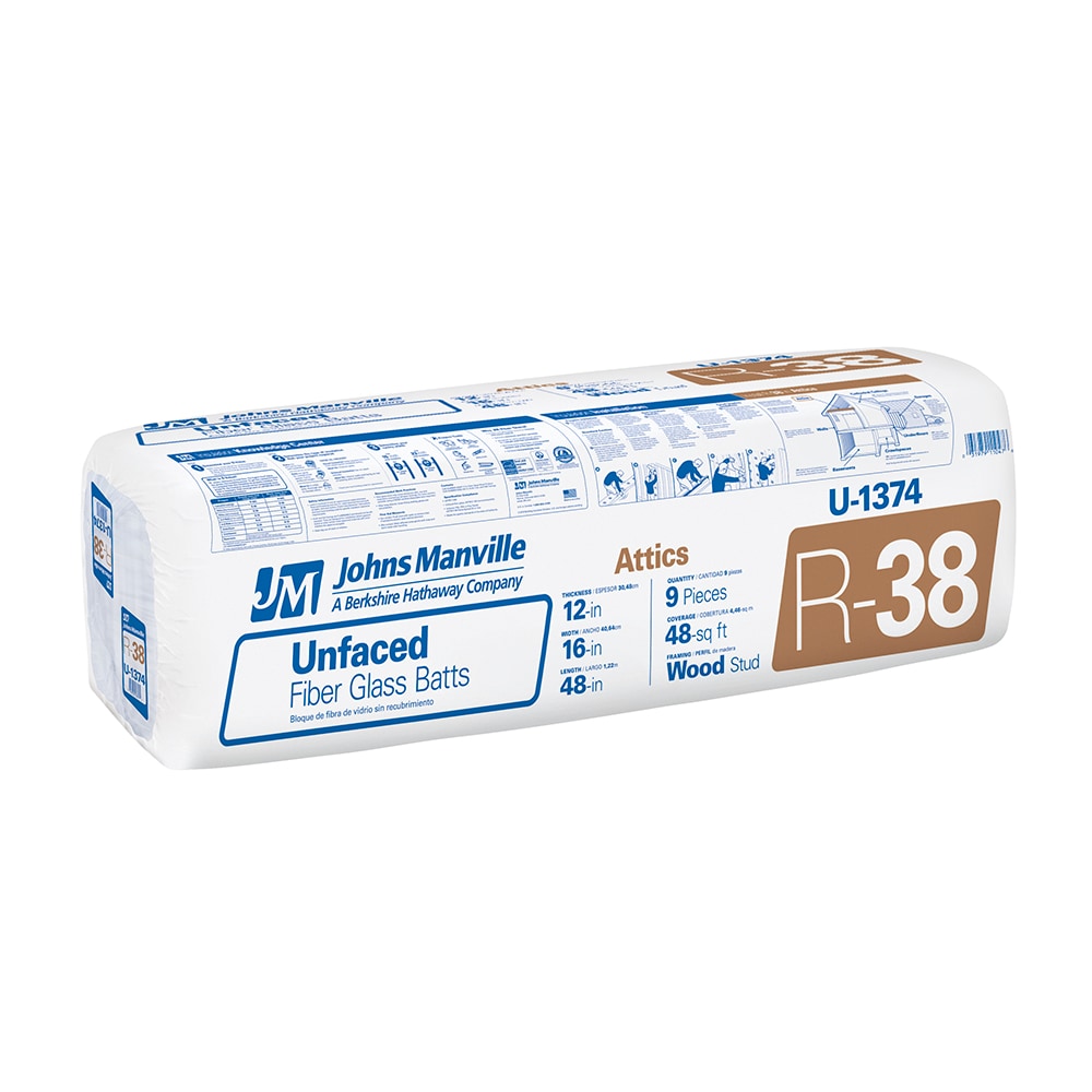 R-38 Attic Unfaced Fiberglass Batt Insulation 48-sq ft (16-in W x 48-in L) | - Johns Manville U1374S