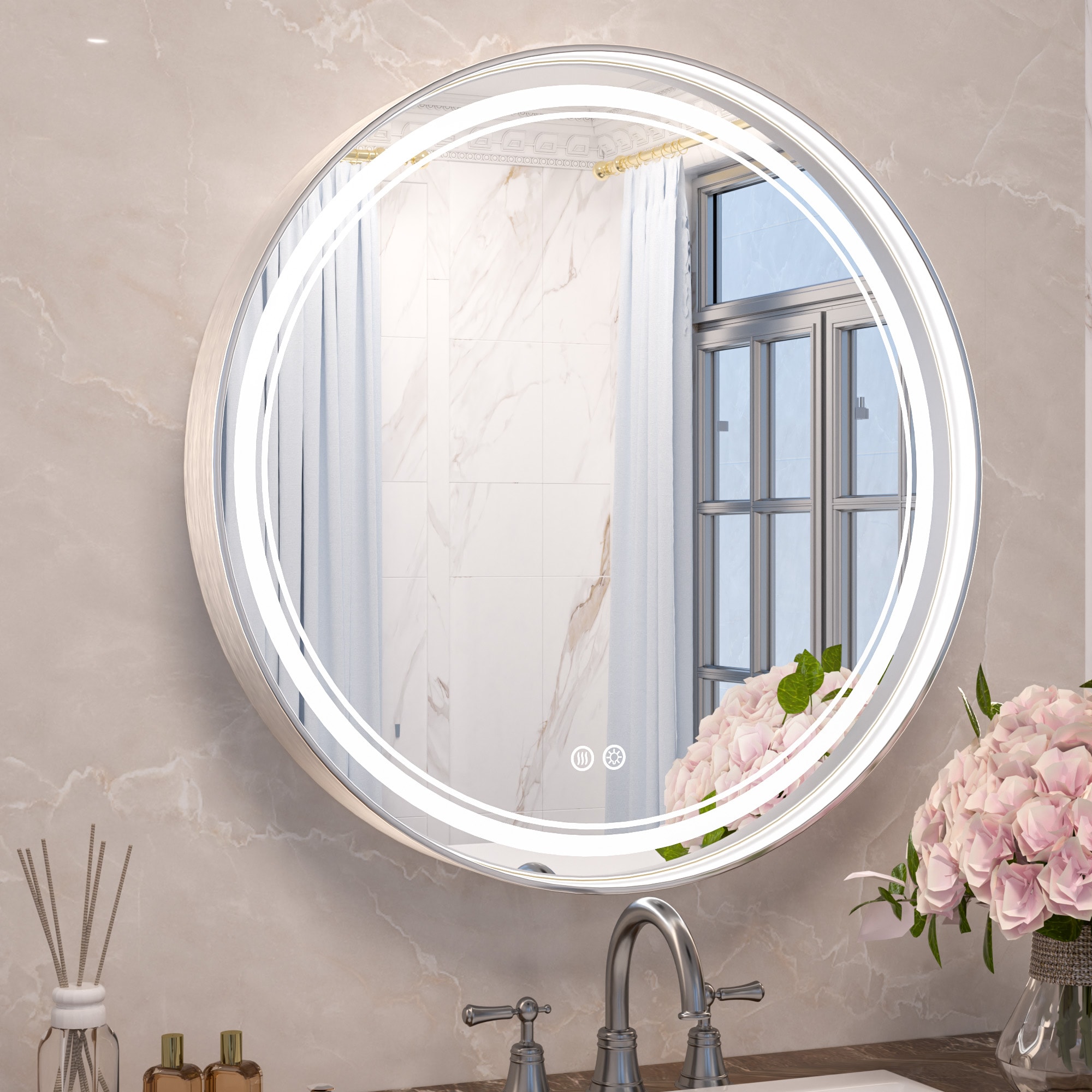 Keonjinn LW-JZ-ZG-MR61-SI 24-in x 24-in Framed Round Dimmable LED Lighted Fog Free Bathroom Vanity Mirror ( Sliver )