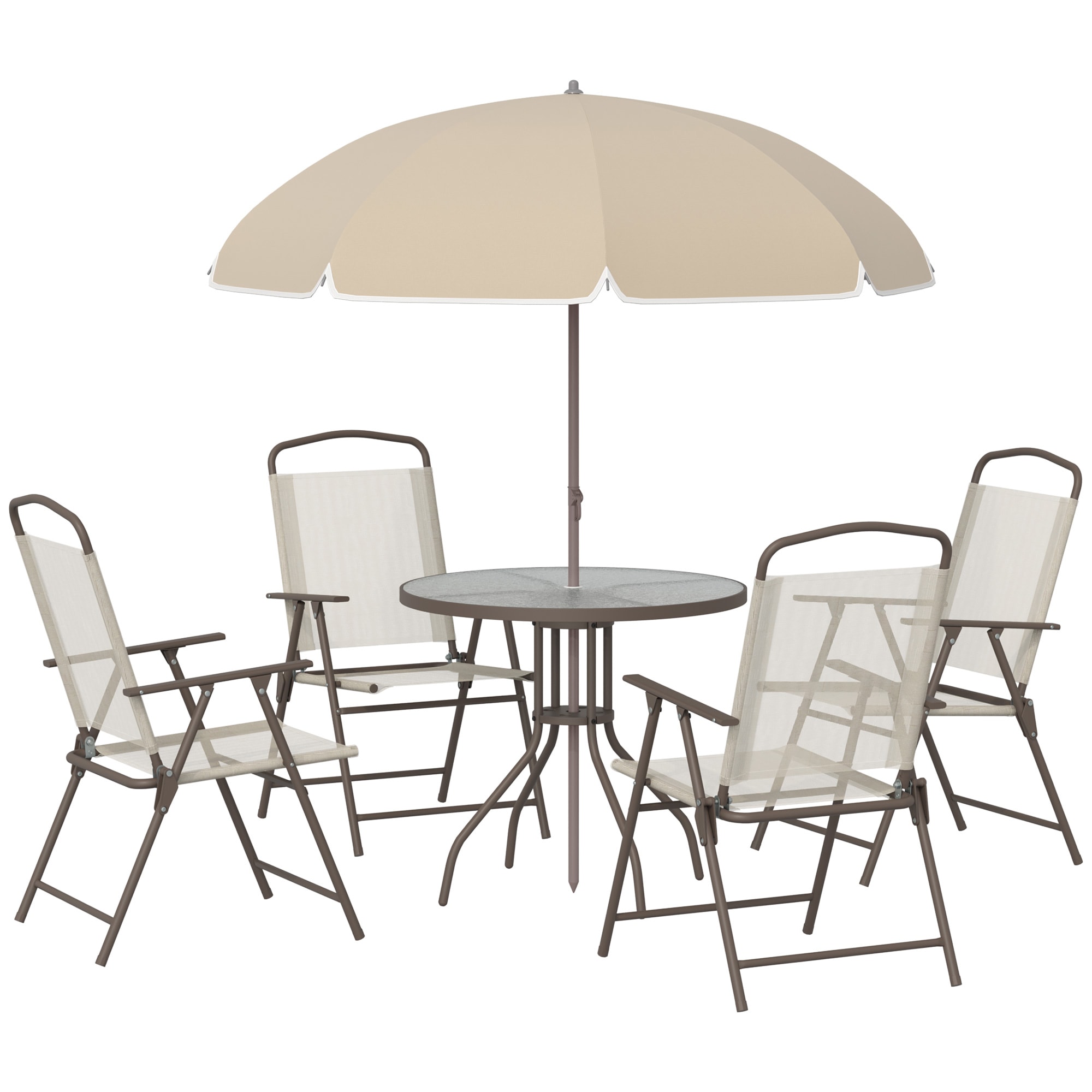 Outsunny 01-0708 6 Piece Patio Dining Set for 4 with Umbrella 4 Folding Dining Chairs  Round Glass Table for Garden Backyard and Poolside Beige