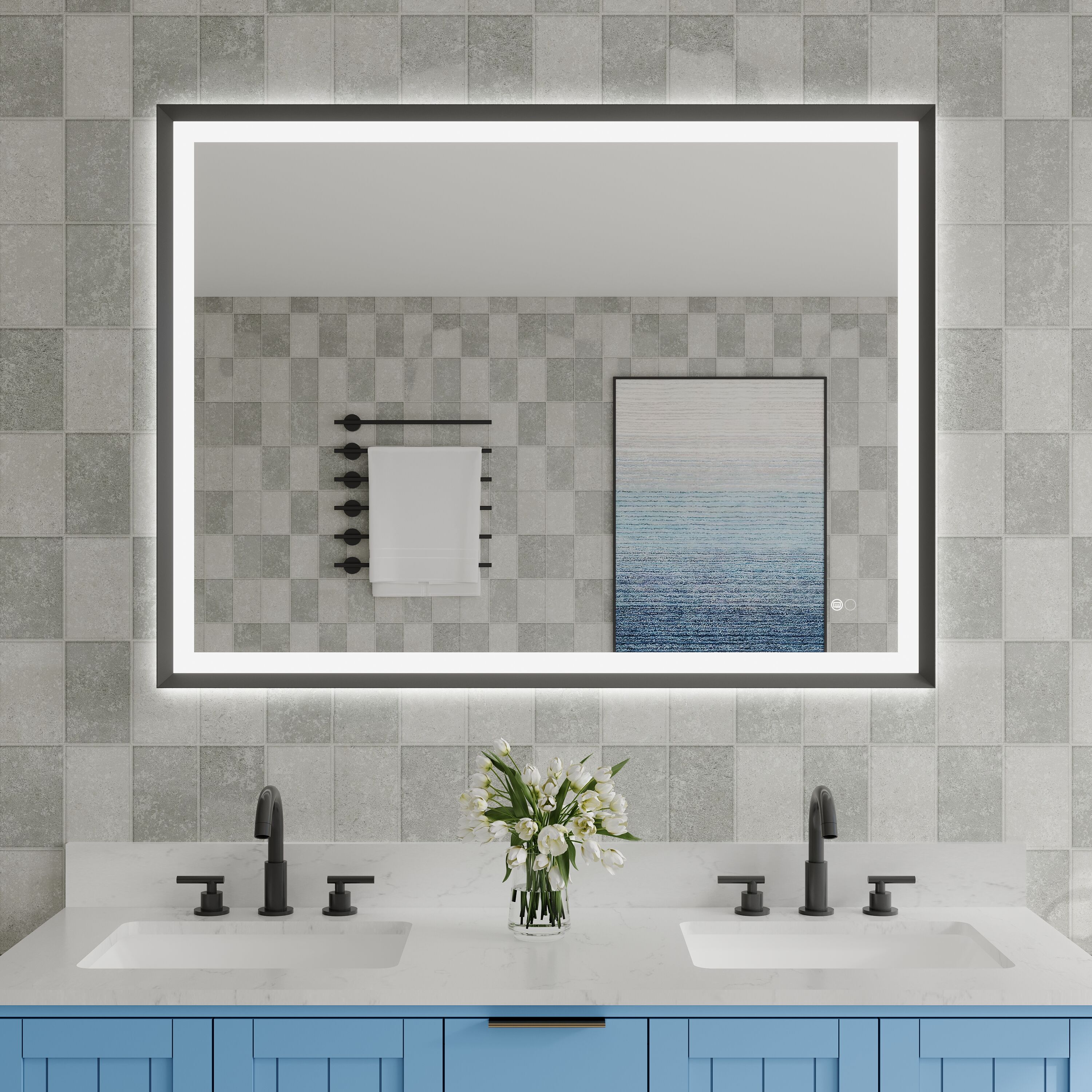 CALVON CLW64836MB Liora Framed LED Mirror 48-in x 36-in Framed Rectangle Dimmable LED Lighted Fog Free Bathroom Vanity Mirror ( Black )