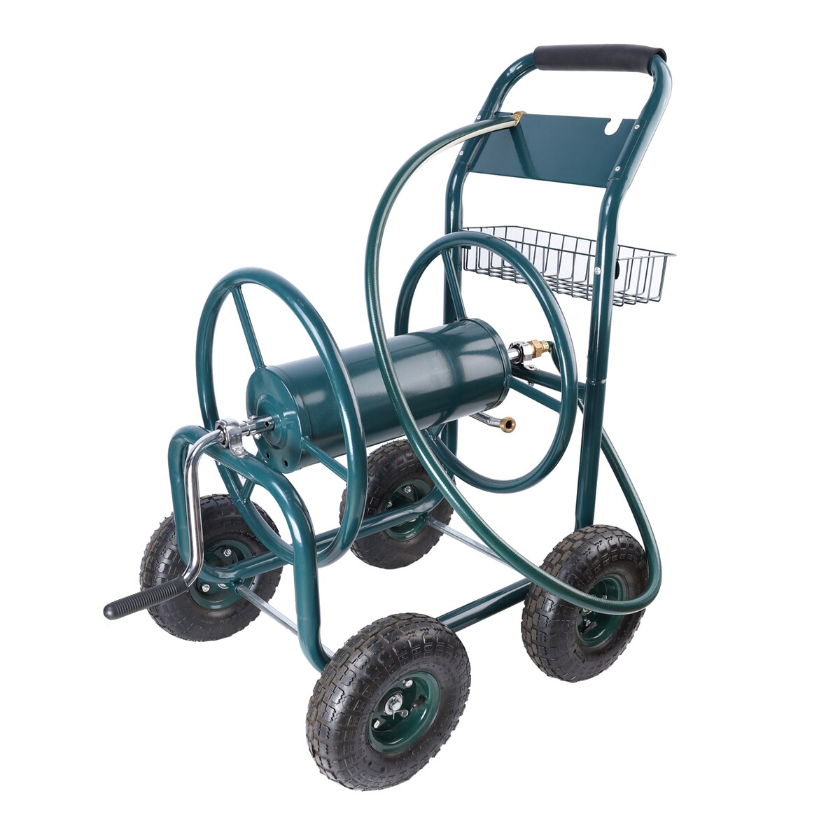 Loheer 38-in 4-Wheel Heavy Duty Garden Hose Reel Cart with Storage Basket Rust Resistant