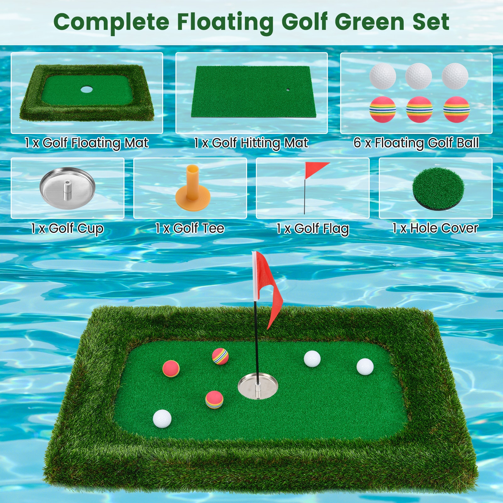 Slickblue Green Floating Golf Set with Mat Six Balls Flag Cup and Tee ...