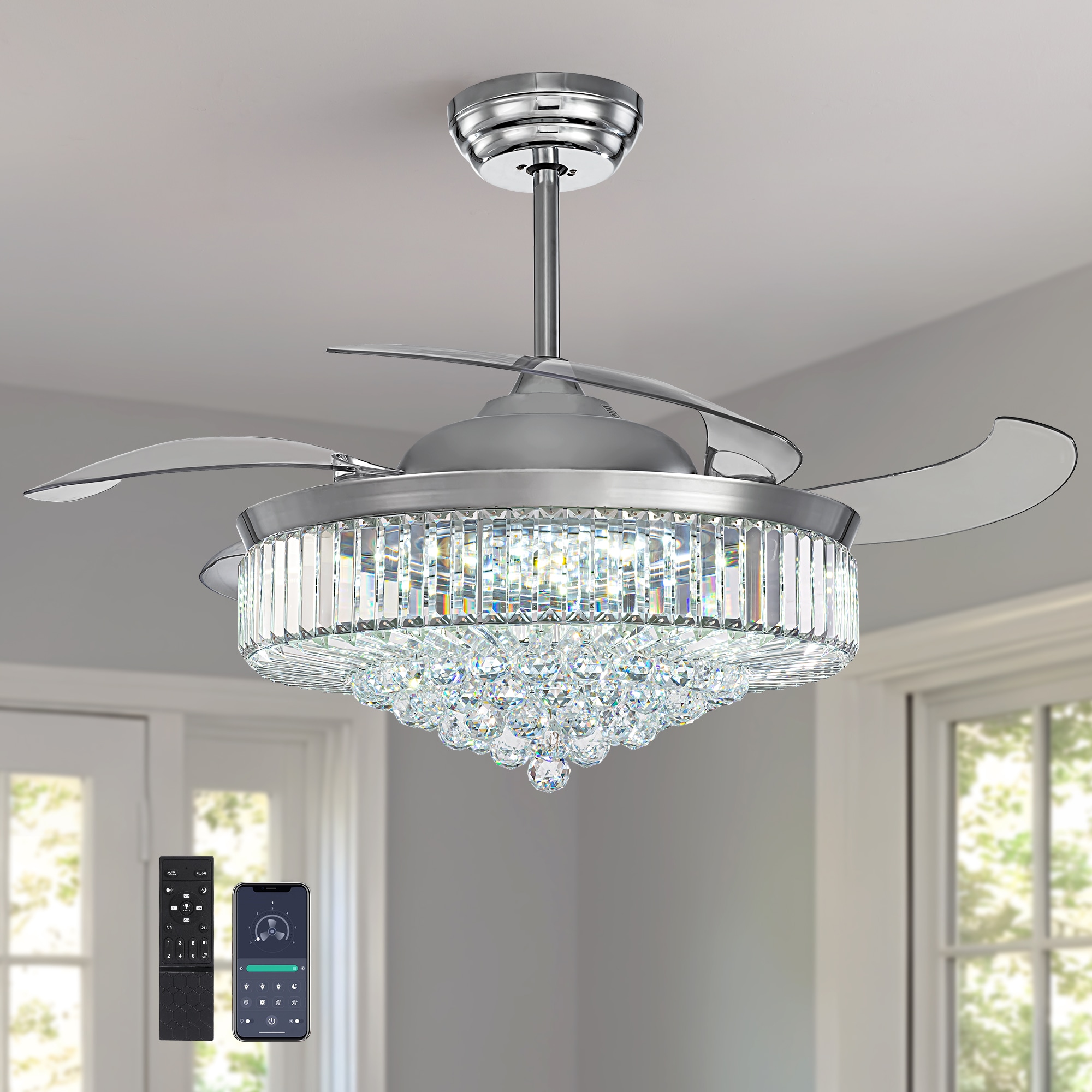 SILJOY 52-in Modern Chrome Crystal Retractable Ceiling Fan with Integrated LED Light Remote Control Included App Control 4-Blade for Bedrooms Kitchens and Living Rooms