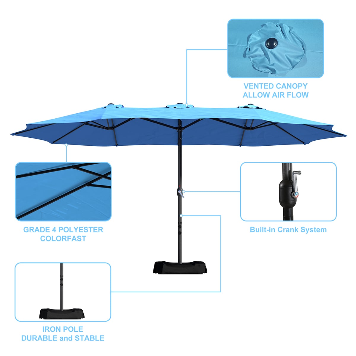 Clihome 15-ft Steel Blue No-tilt Market Patio Umbrella with Base CLHT15 ...